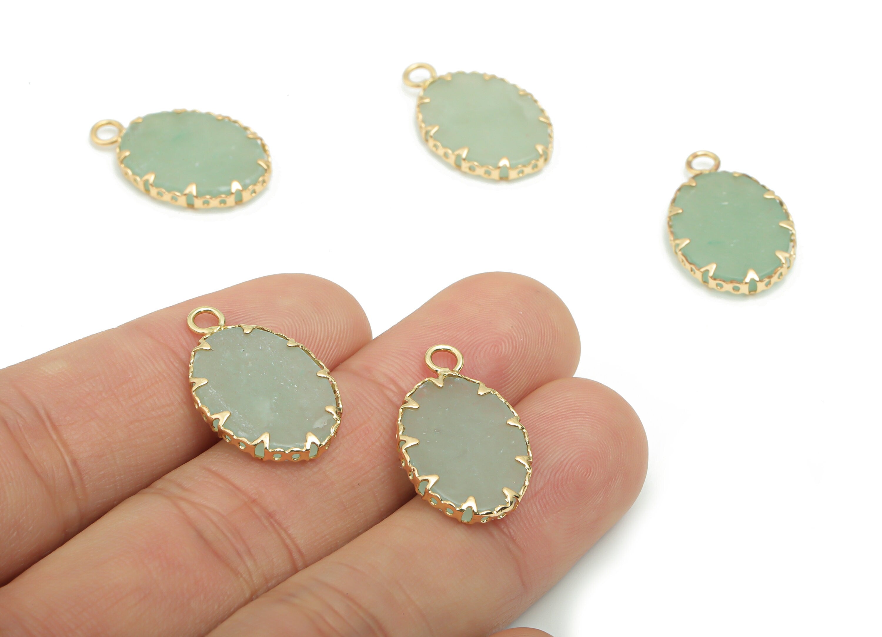Aventurine Oval Earring Charms - Brass Frame Pendant - Iron Loop - Natural Stone - Gold Tone Plated Brass – 23.11x14.02x2.78mm – NS1572A - DOMEDBAZAAR