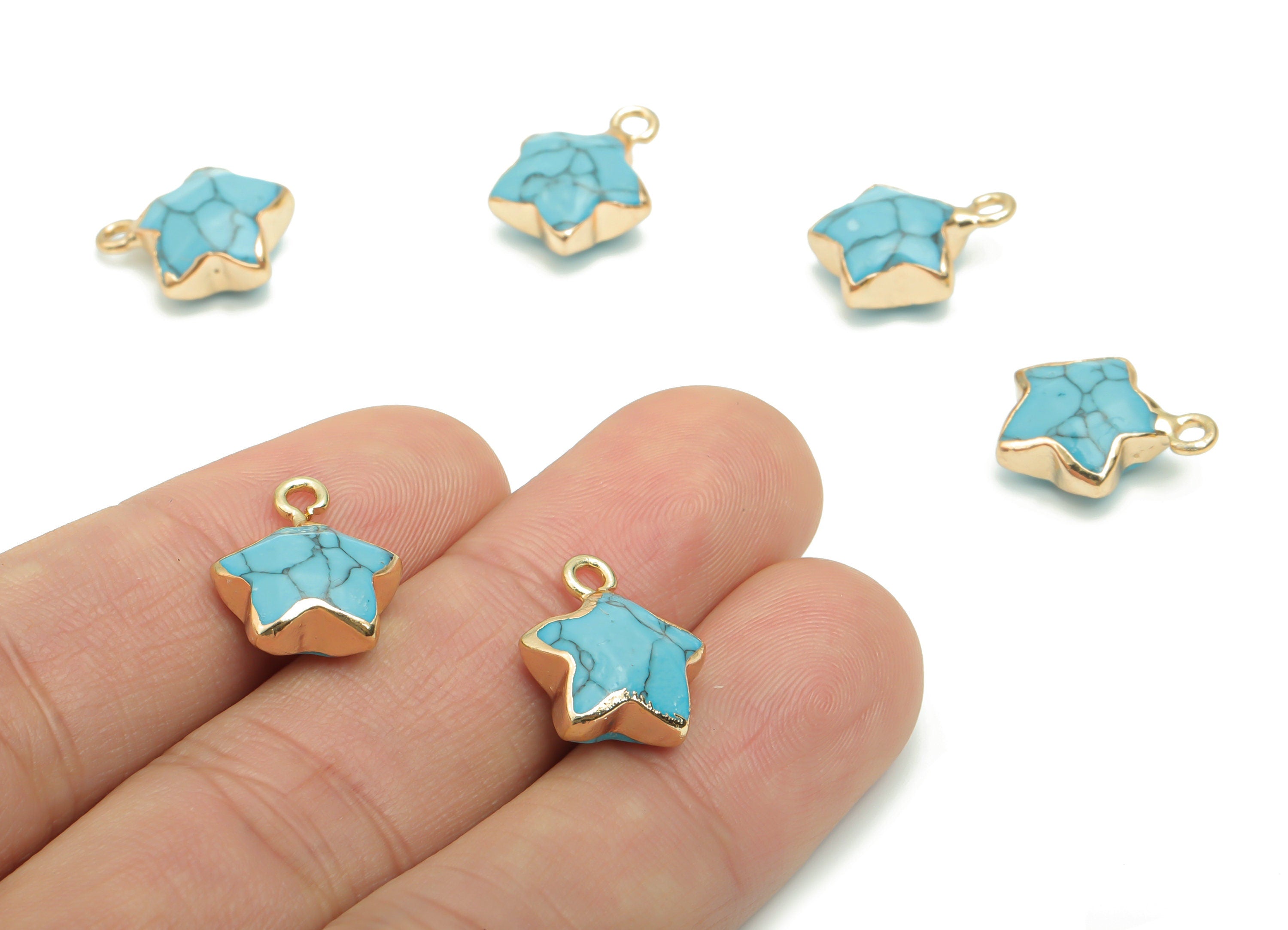 Blue Turquoise Star Earring Charms - Brass Star Pendant - Iron Loop - Natural Stone - Gold Tone Plated Brass – 15.94x12.86x6.51mm – NS1579H - DOMEDBAZAAR