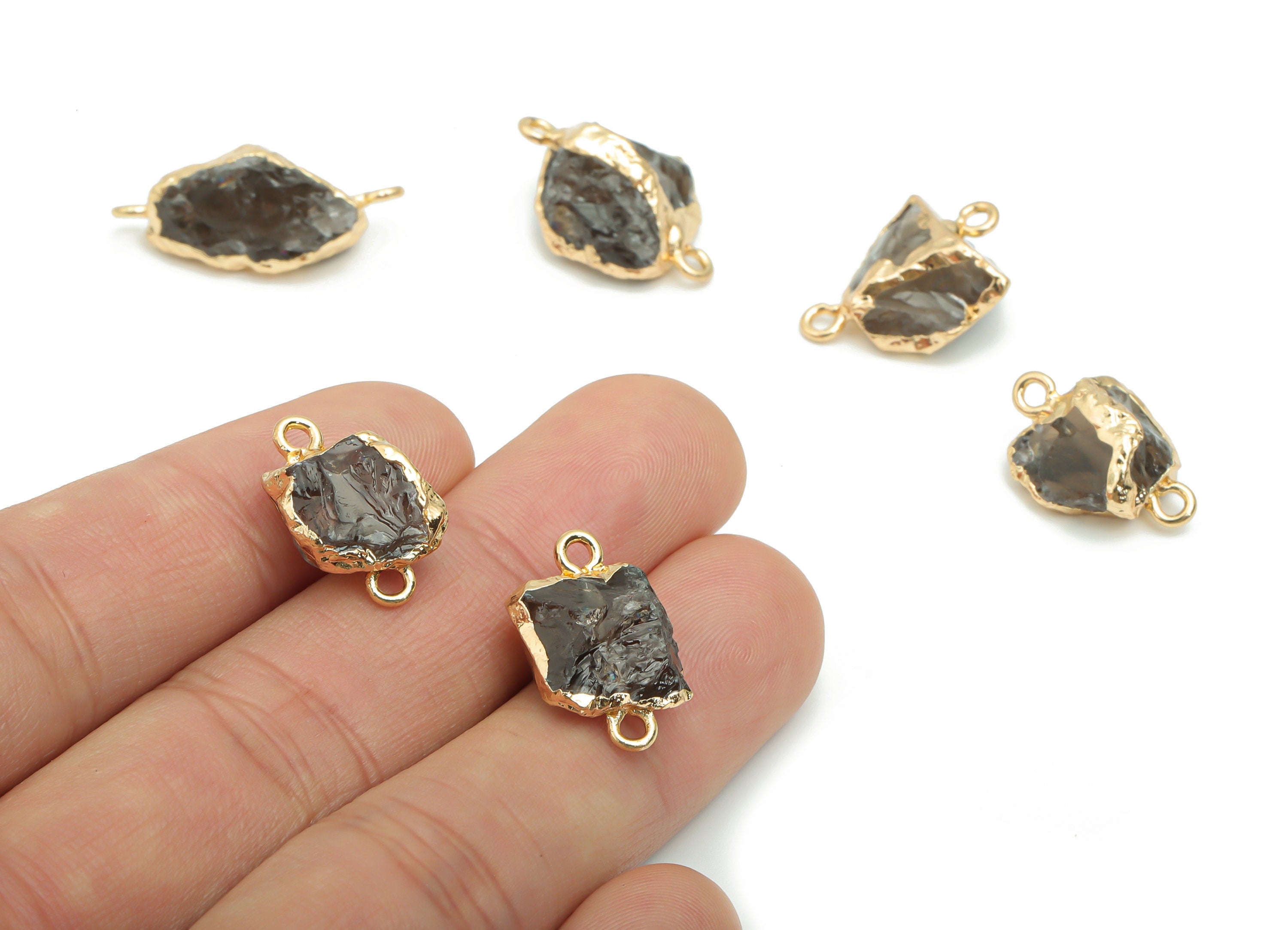 Gray Crystal Earring Connector - Brass Irregular Pendant - Iron Loop - Natural Stone - Gold Tone Plated Brass – 18.62x12.39x8mm – NS1595 - DOMEDBAZAAR