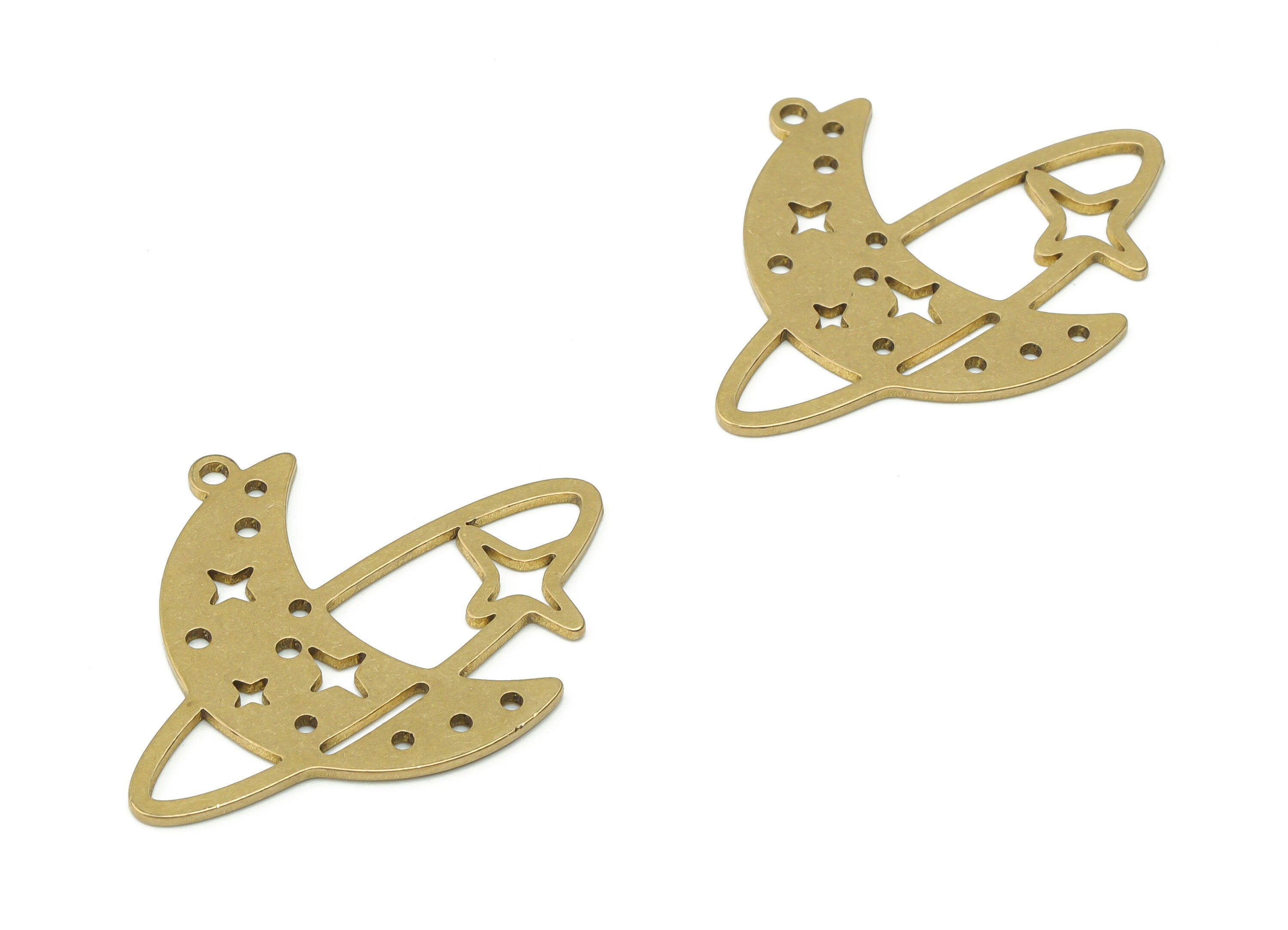 Brass Crescent Planet Earring Charms - Raw Brass Universe Star Moon Pendant - Jewelry Making Supplies - 34.63x27.33x0.83mm - PPZ0089 - DOMEDBAZAAR