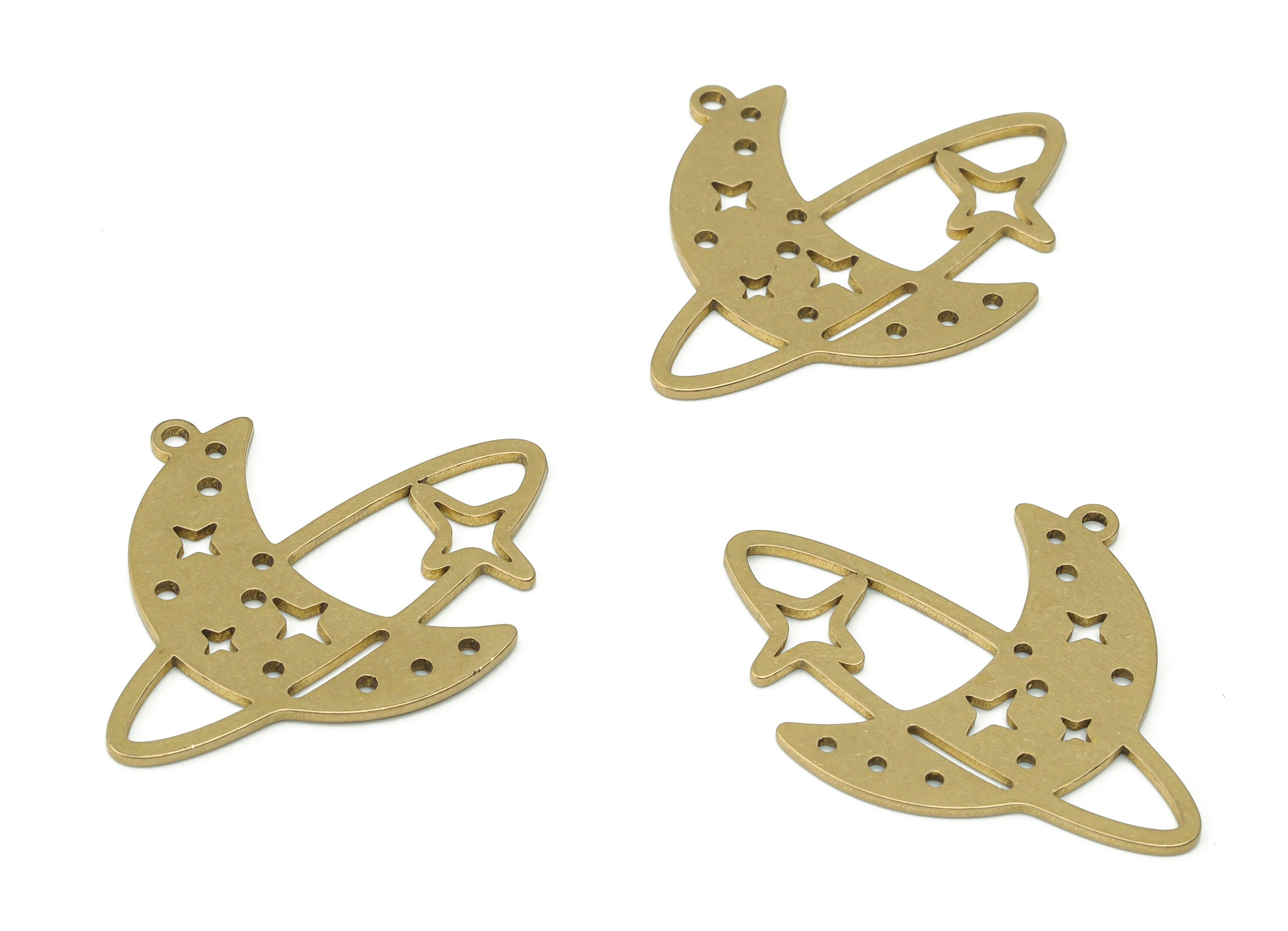 Brass Crescent Planet Earring Charms - Raw Brass Universe Star Moon Pendant - Jewelry Making Supplies - 34.63x27.33x0.83mm - PPZ0089 - DOMEDBAZAAR