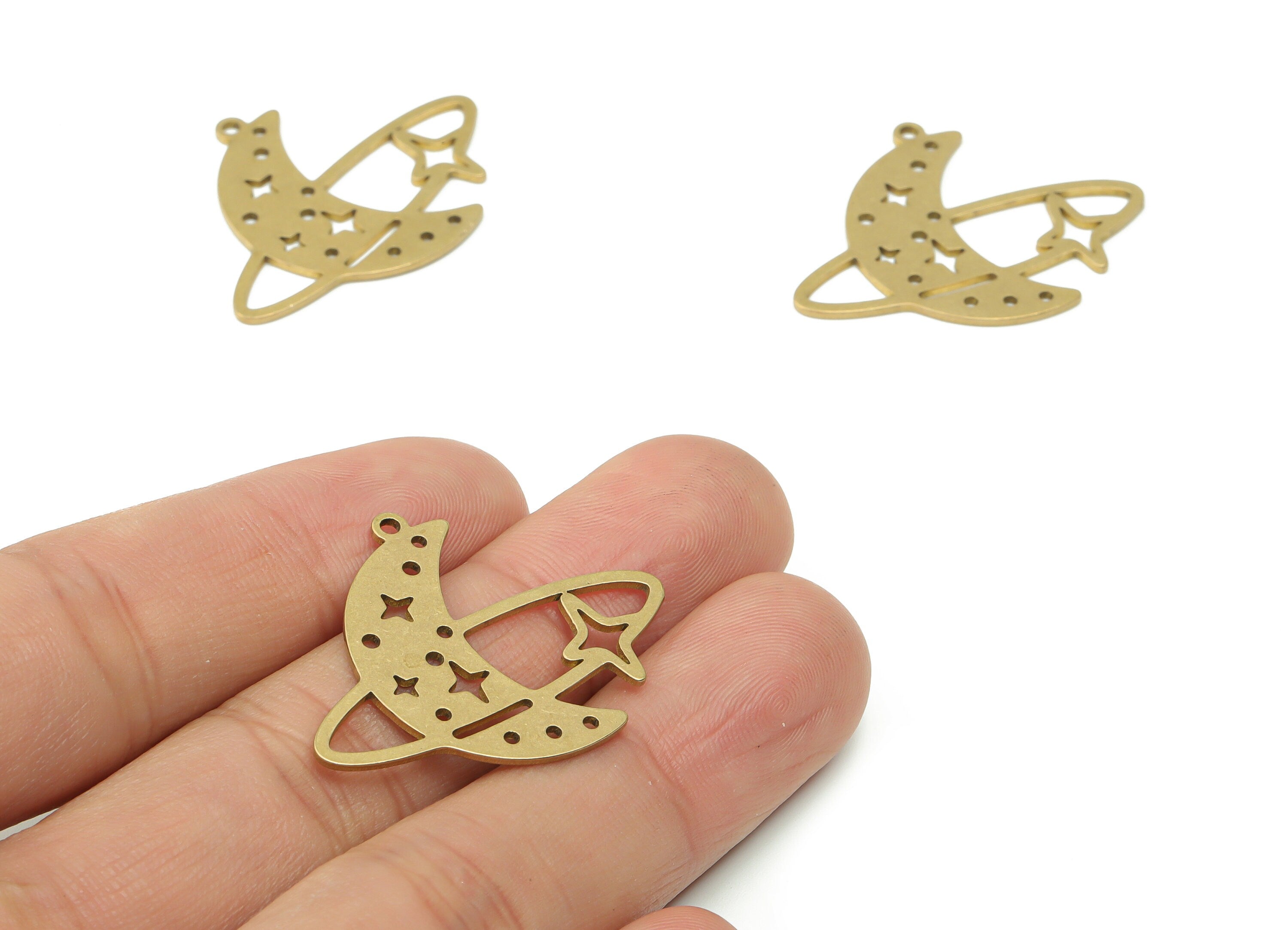 Brass Crescent Planet Earring Charms - Raw Brass Universe Star Moon Pendant - Jewelry Making Supplies - 34.63x27.33x0.83mm - PPZ0089 - DOMEDBAZAAR