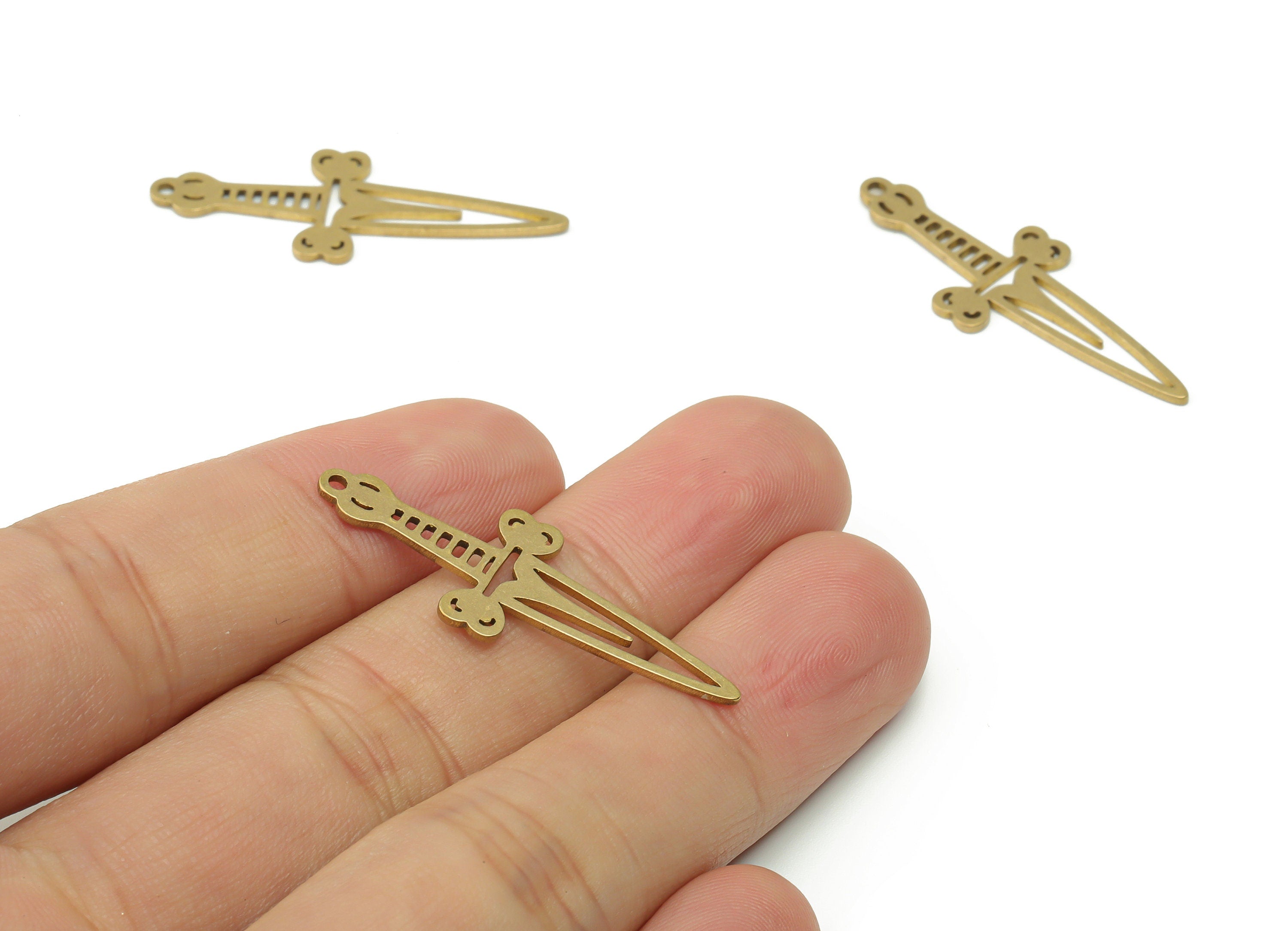 Brass Dagger Knife Earring Charms - Raw Brass Poniard Pendant - DIY Jewelry Making Supplies - 36.9x13.52x0.86mm - PPZ0055 - DOMEDBAZAAR