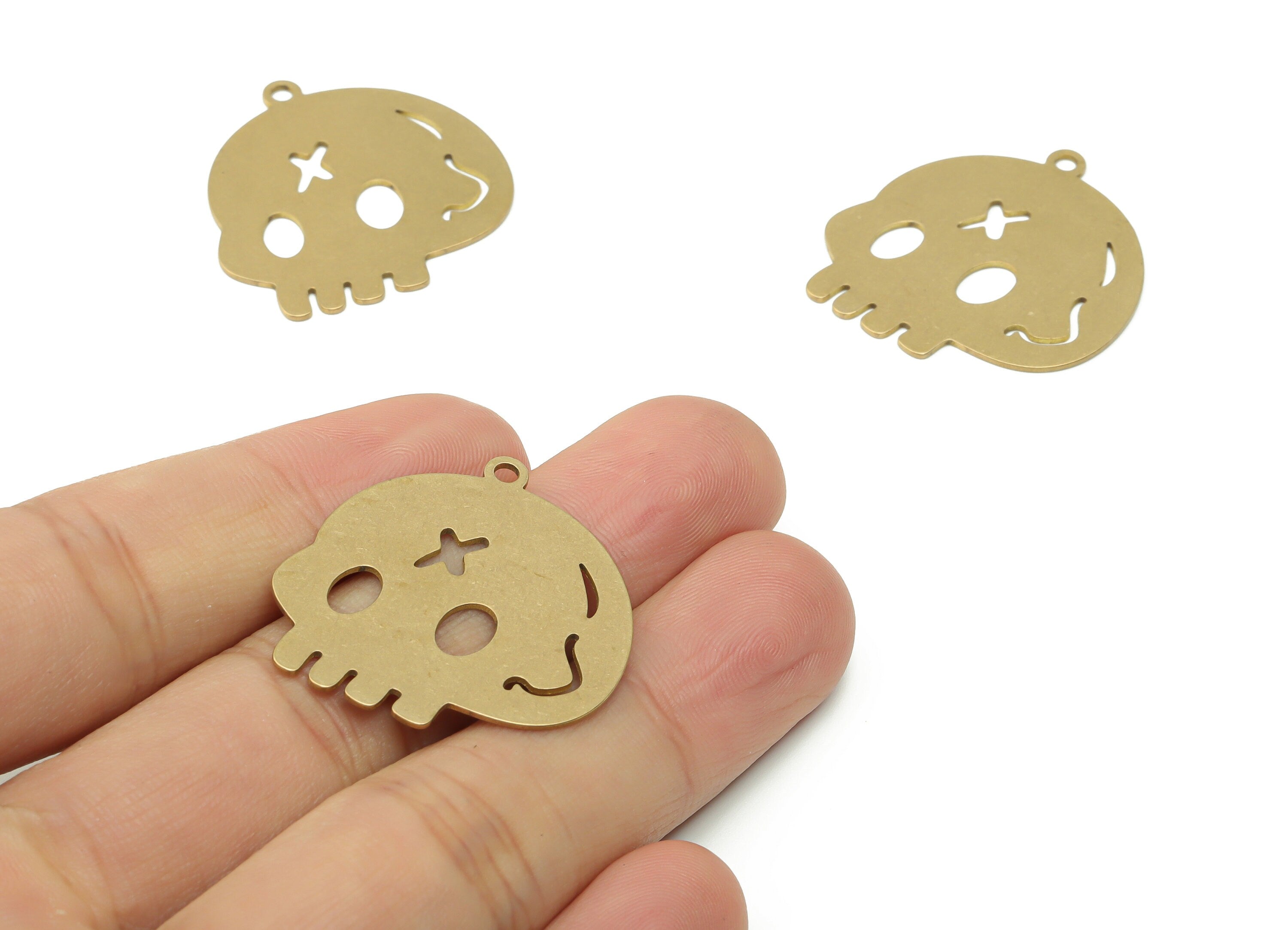 Brass Skull Earring Charms - Raw Brass Cranium Pendant - DIY Jewelry Making Supplies - 31.29x28.57x0.64mm - PPZ0076 - DOMEDBAZAAR