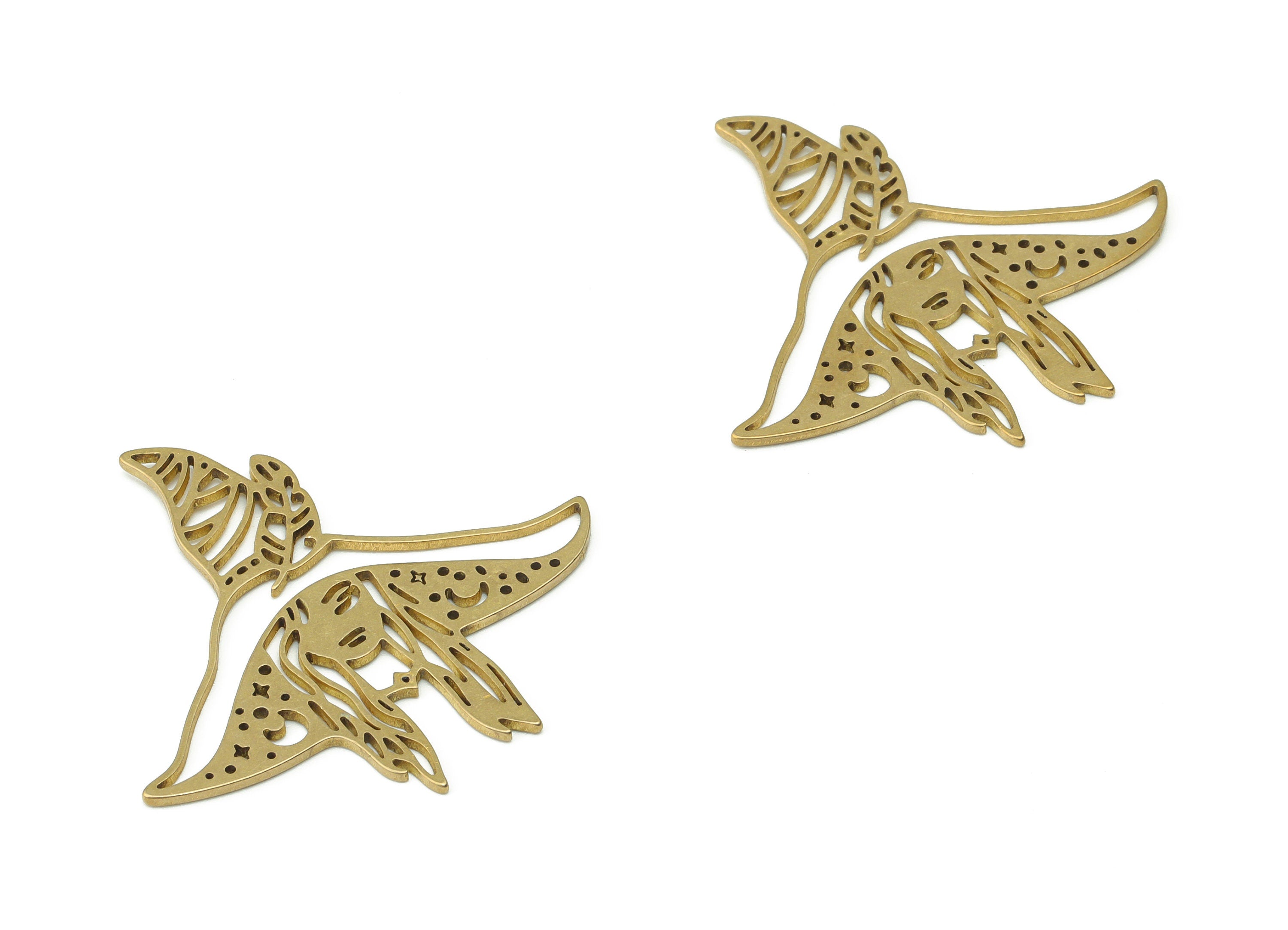Brass Long-haired Woman Leaves Earring Charms - Raw Brass Phases of Moon Featureshat Witch Pendant - 37.24x37.08x0.91mm - PPZ0080 - DOMEDBAZAAR