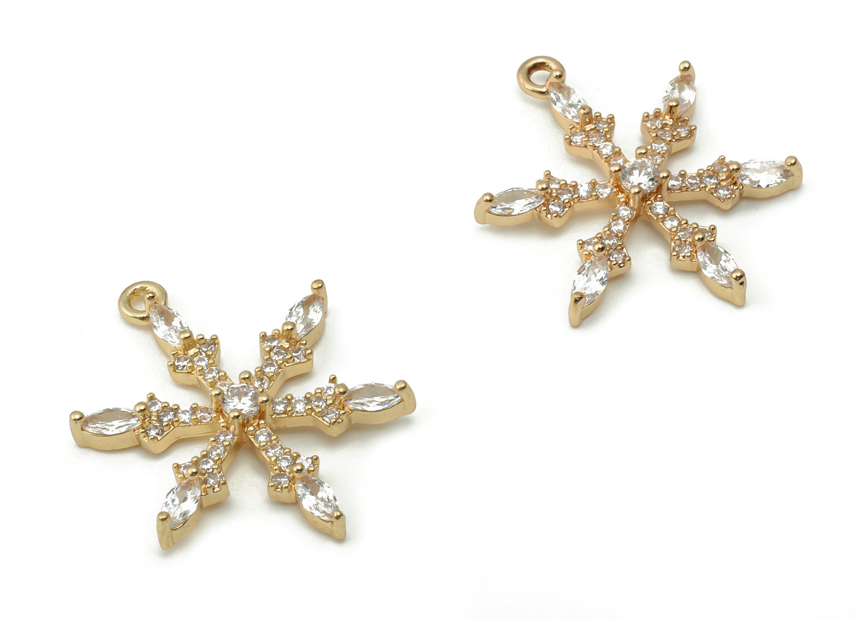 Brass Snowflake Earring Charms With Zircons - Gold Snowflake Pendant - Gold Tone Plated Brass - Jewelry Supplies - 23.5x18.4x3.1mm - PP4919G - DOMEDBAZAAR