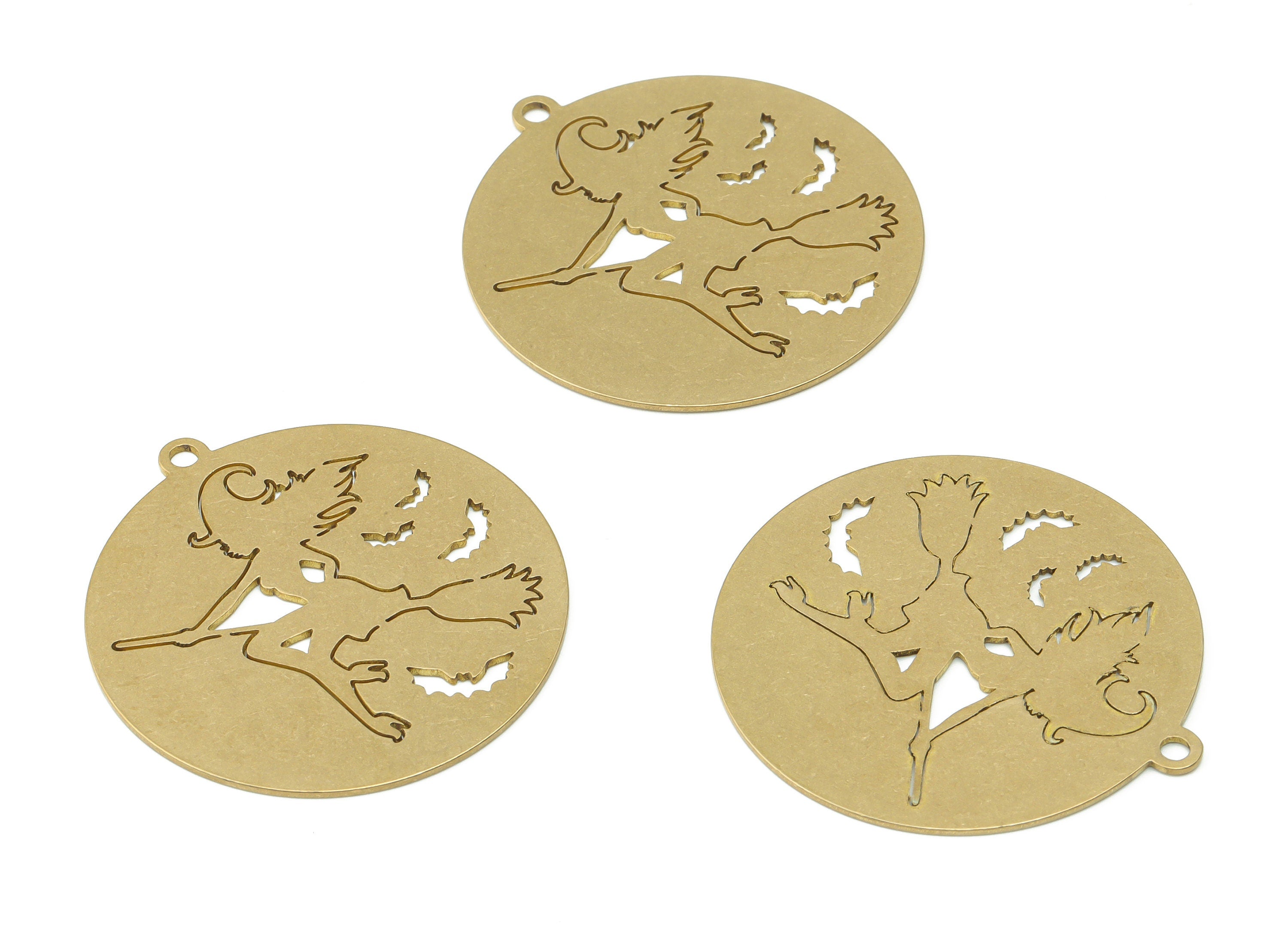 Brass Round Woman Riding On Broom Witch Earring Charms - Raw Brass Bat Circle Witches-Broom Pendant - 37.53x34.87x0.65mm - PPZ0091 - DOMEDBAZAAR