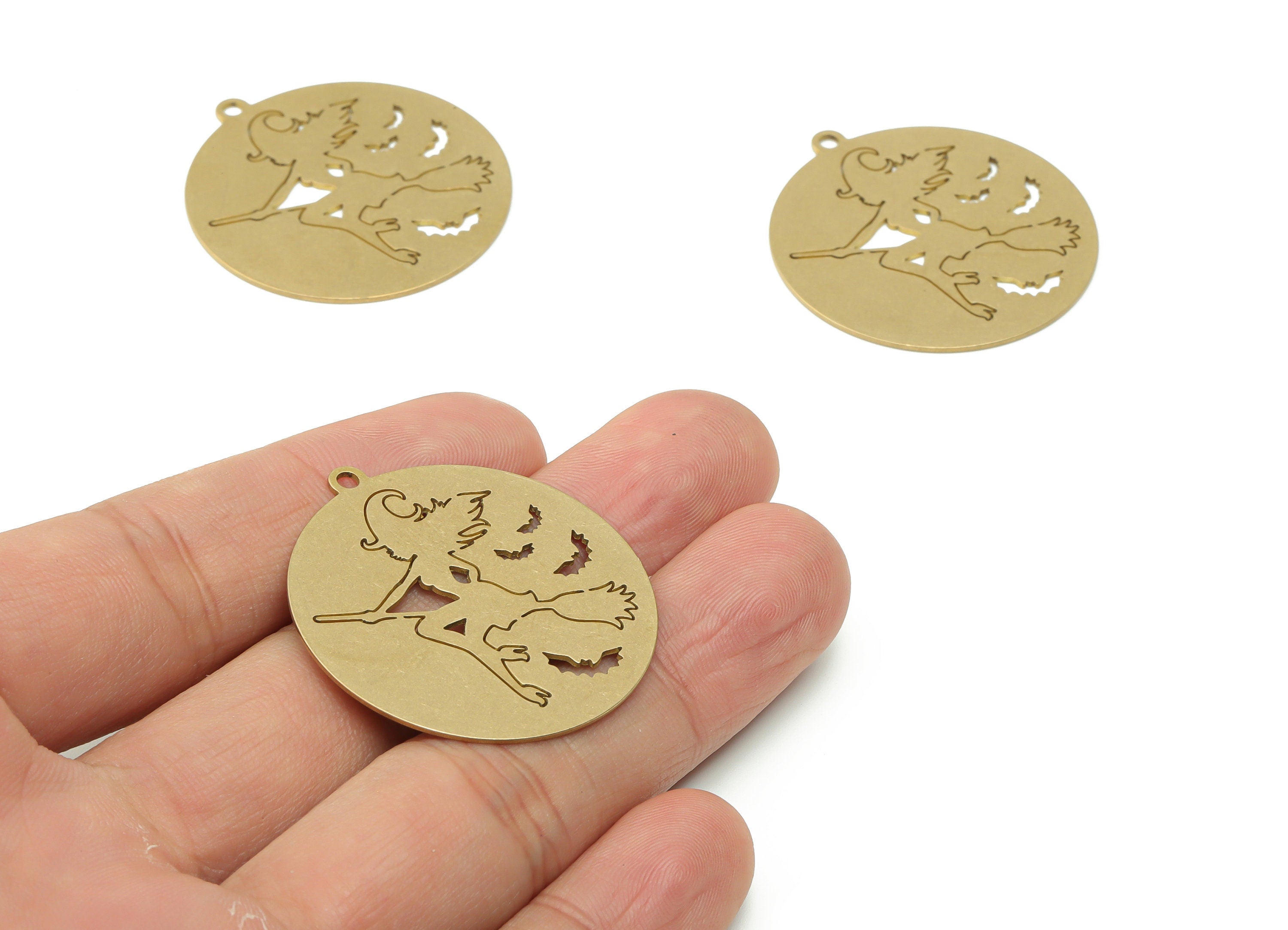 Brass Round Woman Riding On Broom Witch Earring Charms - Raw Brass Bat Circle Witches-Broom Pendant - 37.53x34.87x0.65mm - PPZ0091 - DOMEDBAZAAR