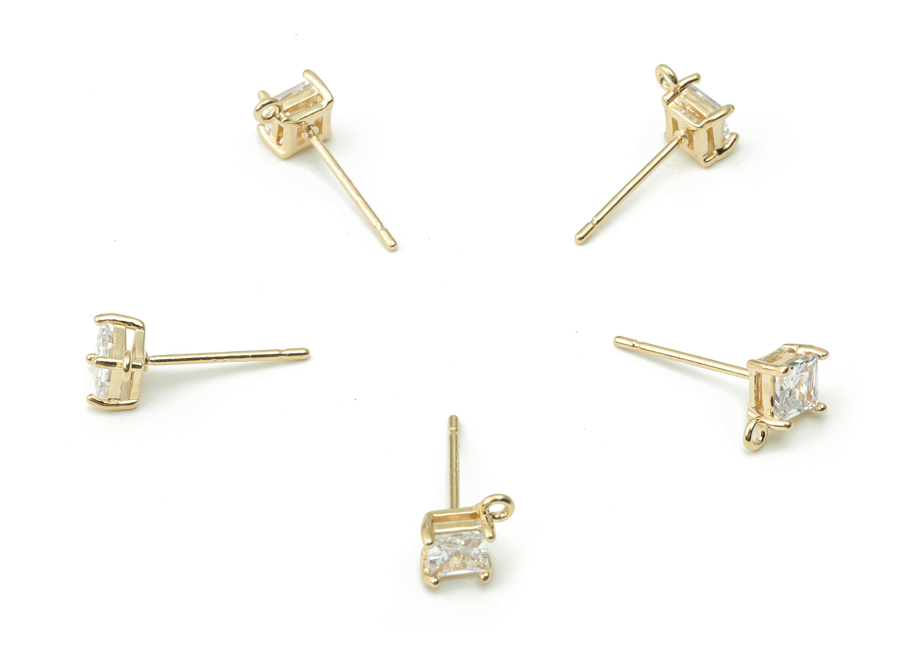 Brass Square Earring Stud With Zircons - Gold Diamond Post With Loop - 925 Silver Stud - 18K Real Gold Plated Brass - 8.7x6.7x3.6mm -RGP4170 - DOMEDBAZAAR