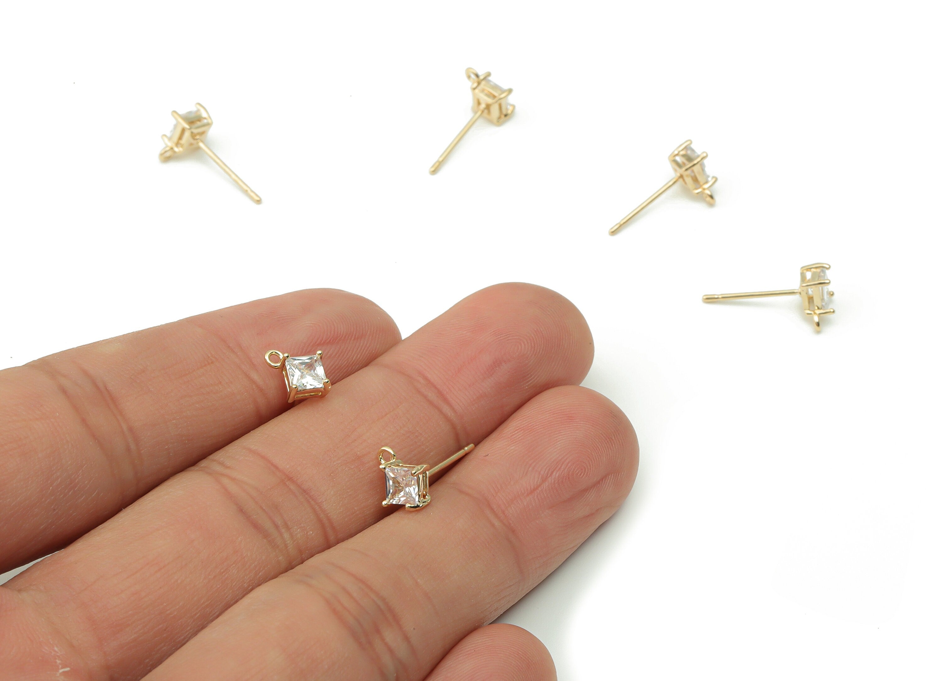 Brass Square Earring Stud With Zircons - Gold Diamond Post With Loop - 925 Silver Stud - 18K Real Gold Plated Brass - 8.7x6.7x3.6mm -RGP4170 - DOMEDBAZAAR
