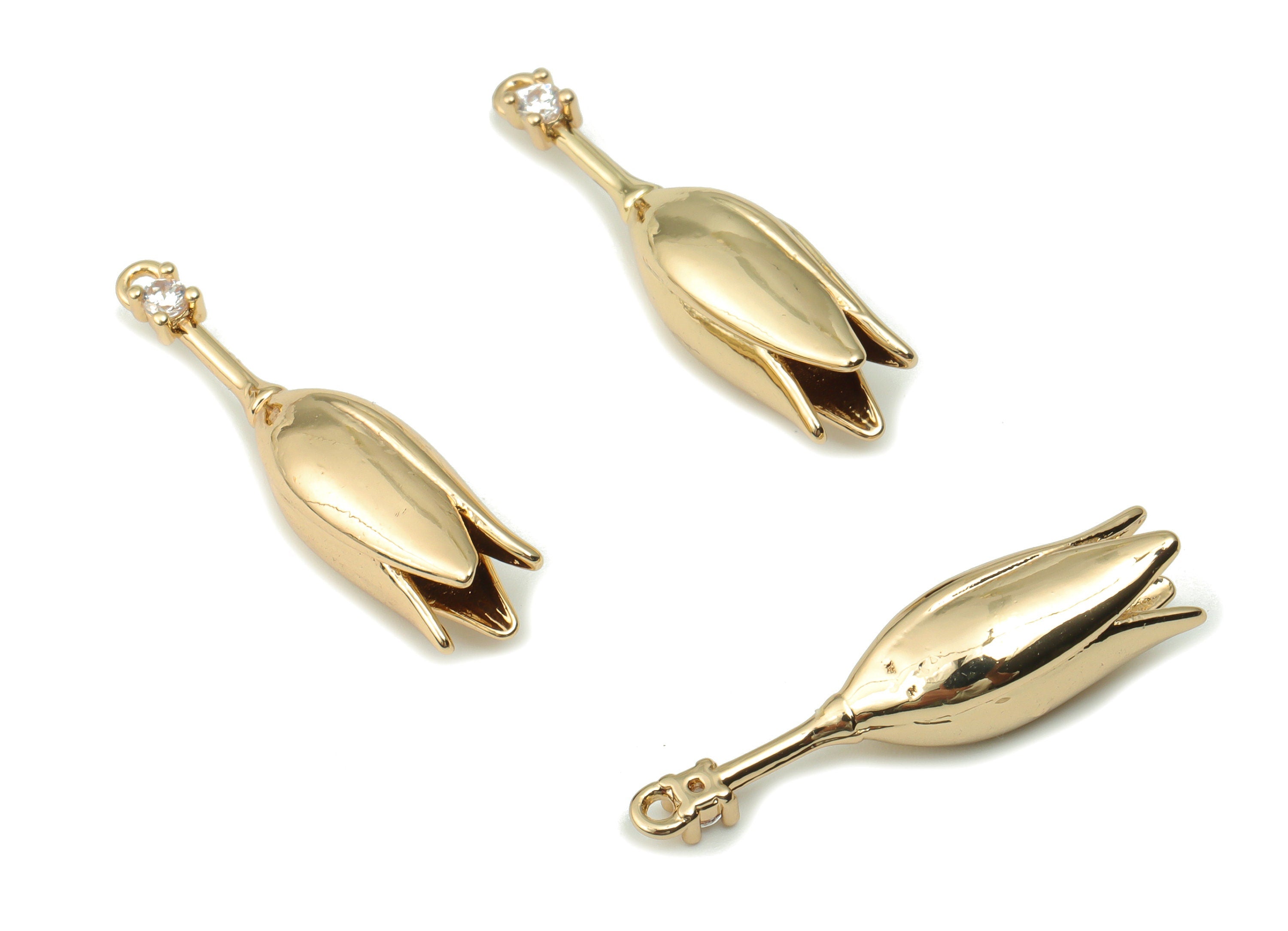 Brass Flower Calyx Earring Charms With Zircon - Gold Tulip Pendant - Gold Tone Plated Brass - 27.62x7.08x7.08mm - PP4933G - DOMEDBAZAAR