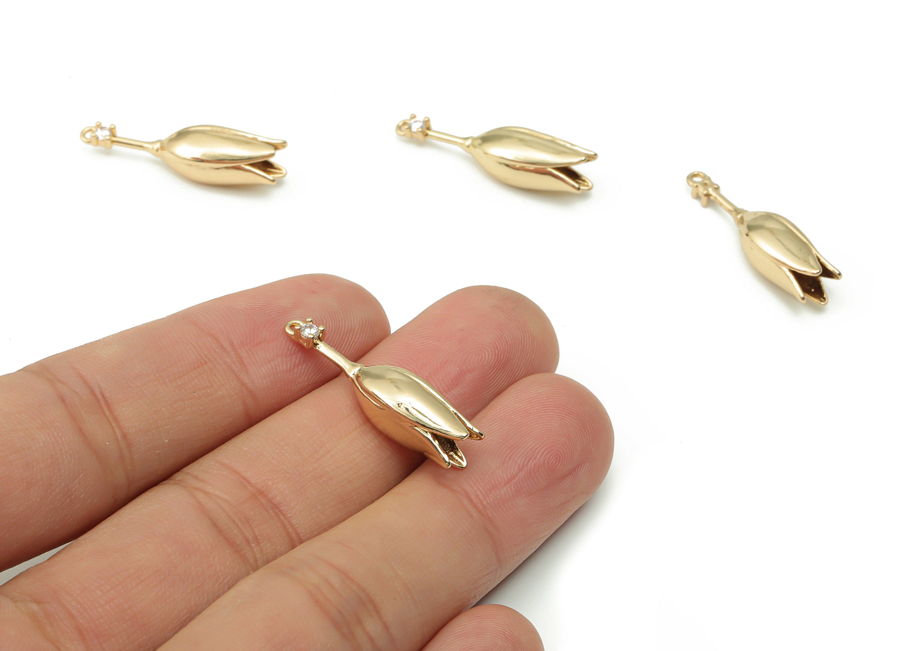 Brass Flower Calyx Earring Charms With Zircon - Gold Tulip Pendant - Gold Tone Plated Brass - 27.62x7.08x7.08mm - PP4933G - DOMEDBAZAAR