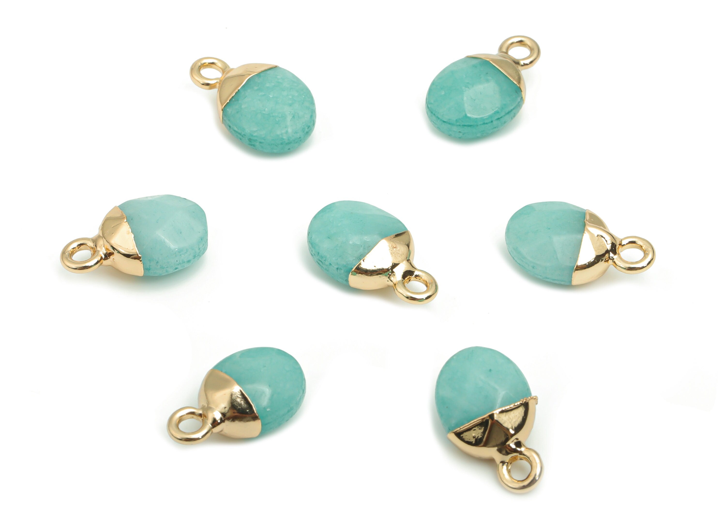 Blue Jade Mini Round Earring Charms - Brass Circle Pendant - Iron Loop - Natural Stone - Gold Tone Plated Brass – 13.52x8.1x5.3mm – NS1577B - DOMEDBAZAAR