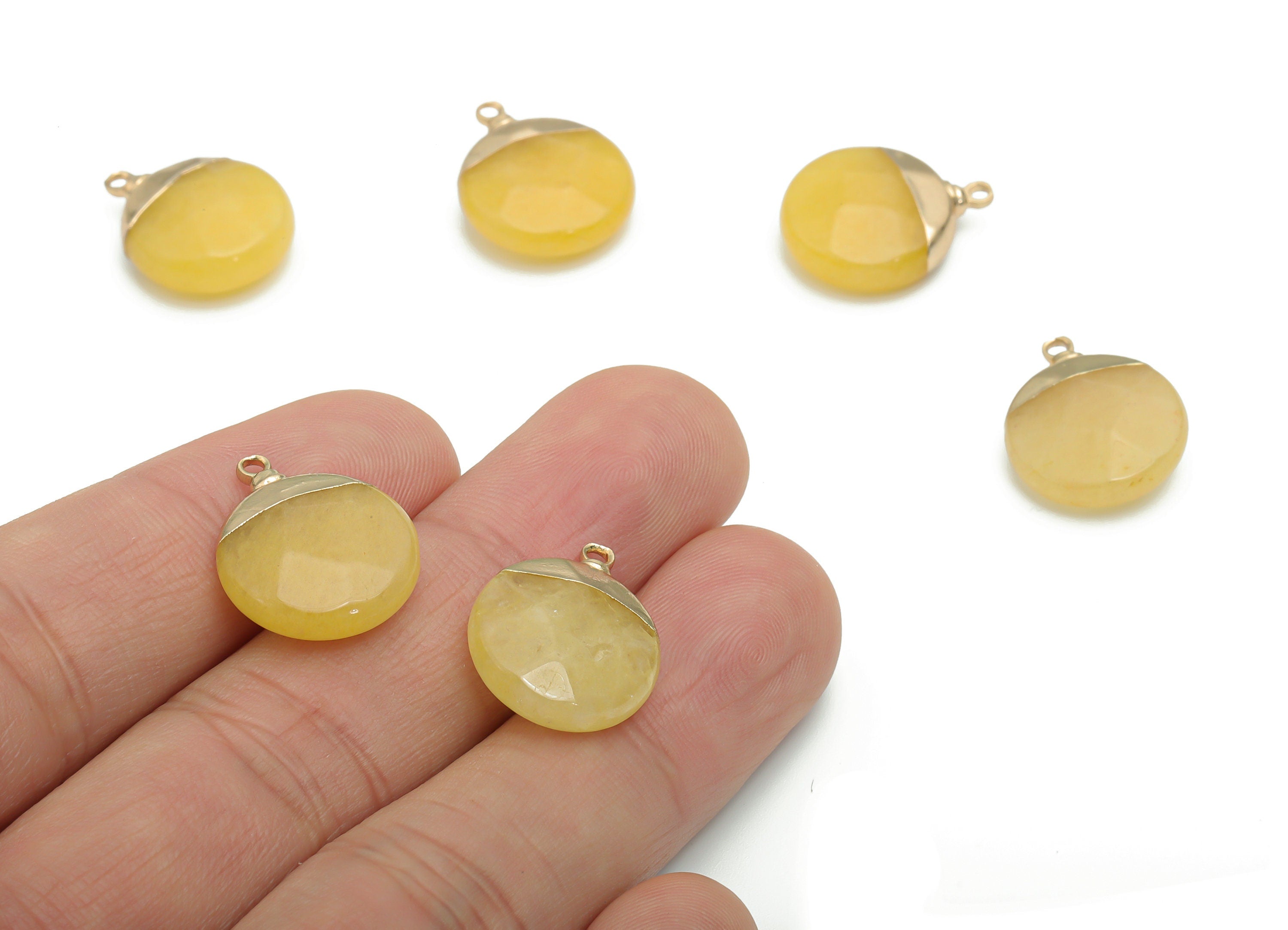 Yellow Jade Earring Charms - Brass Round Pendant - Iron Loop - Natural Stone - Gold Tone Plated Brass – 18.45x15.05x6.56mm – NS1570E - DOMEDBAZAAR