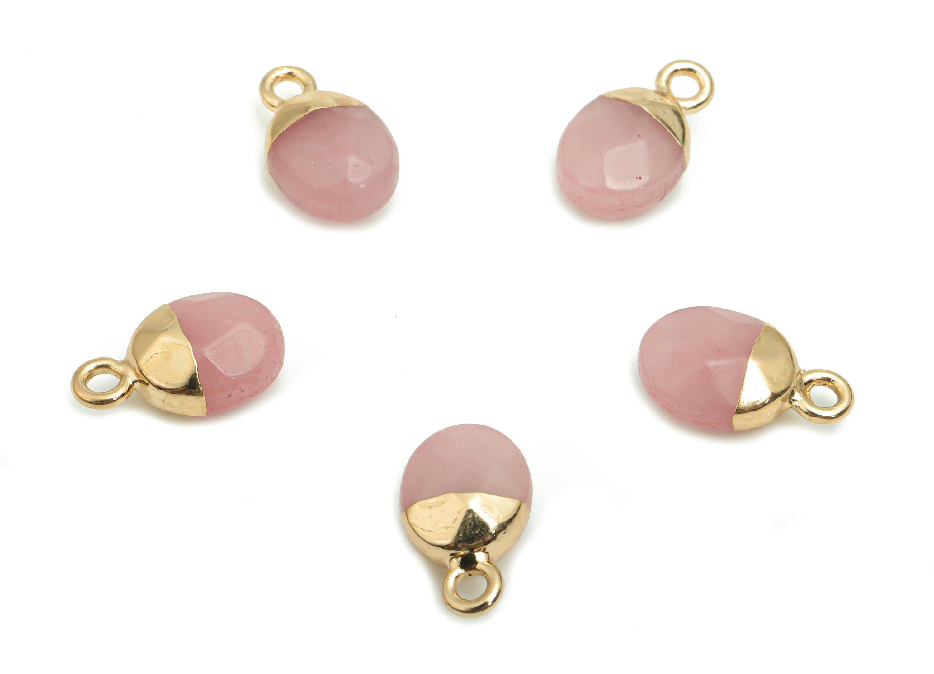 Rose Quartz Mini Round Earring Charms - Brass Circle Pendant - Iron Loop - Natural Stone - Gold Tone Plated Brass – 13.5x8.1x5.3mm – NS1577A - DOMEDBAZAAR