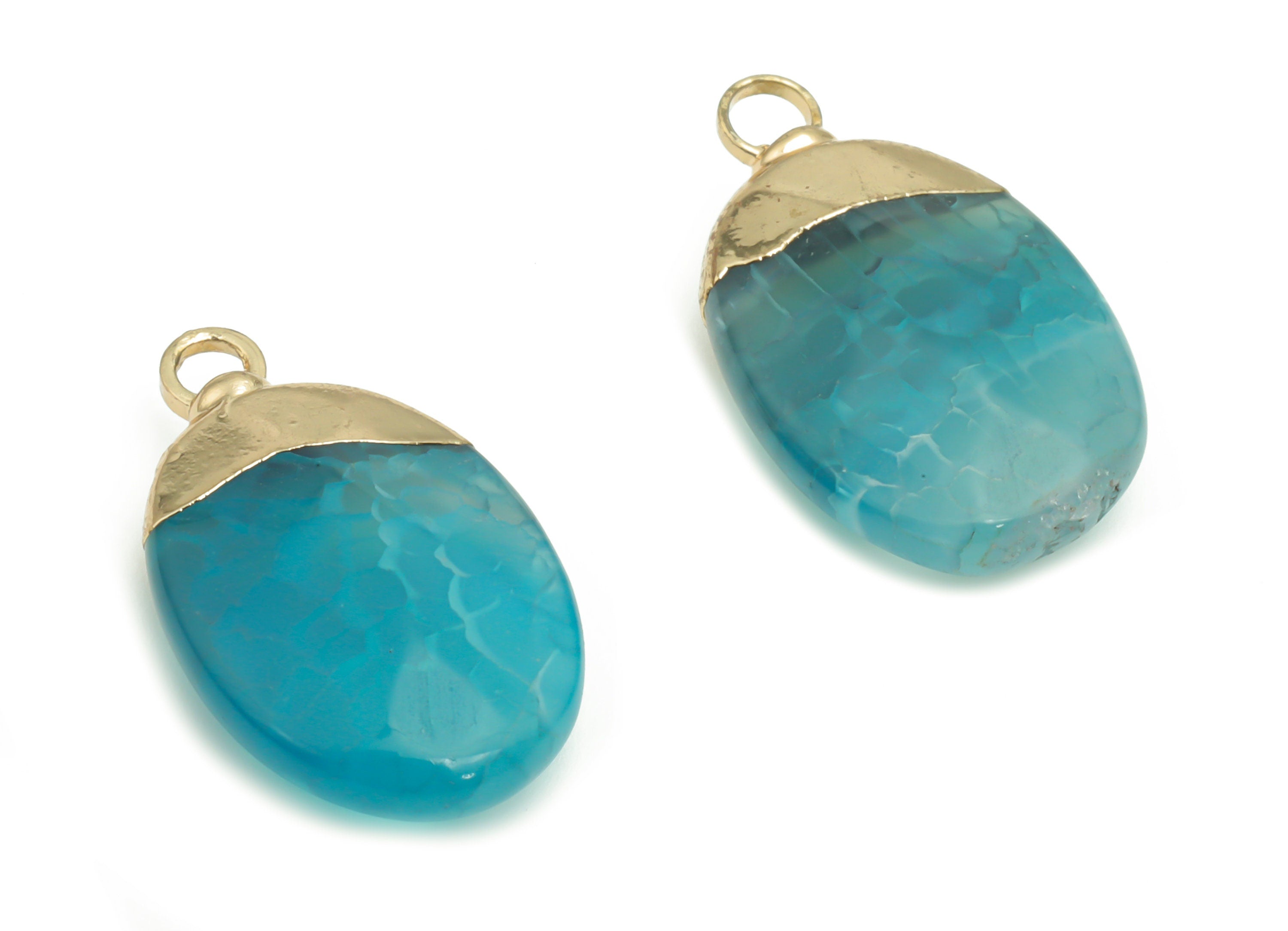 Blue Agate Stone Oval Earring Charms - Brass Oval Pendant - Iron Loop - Natural Stone - Gold Tone Plated Brass – 21.87x12.93x5.2mm – NS1563C - DOMEDBAZAAR