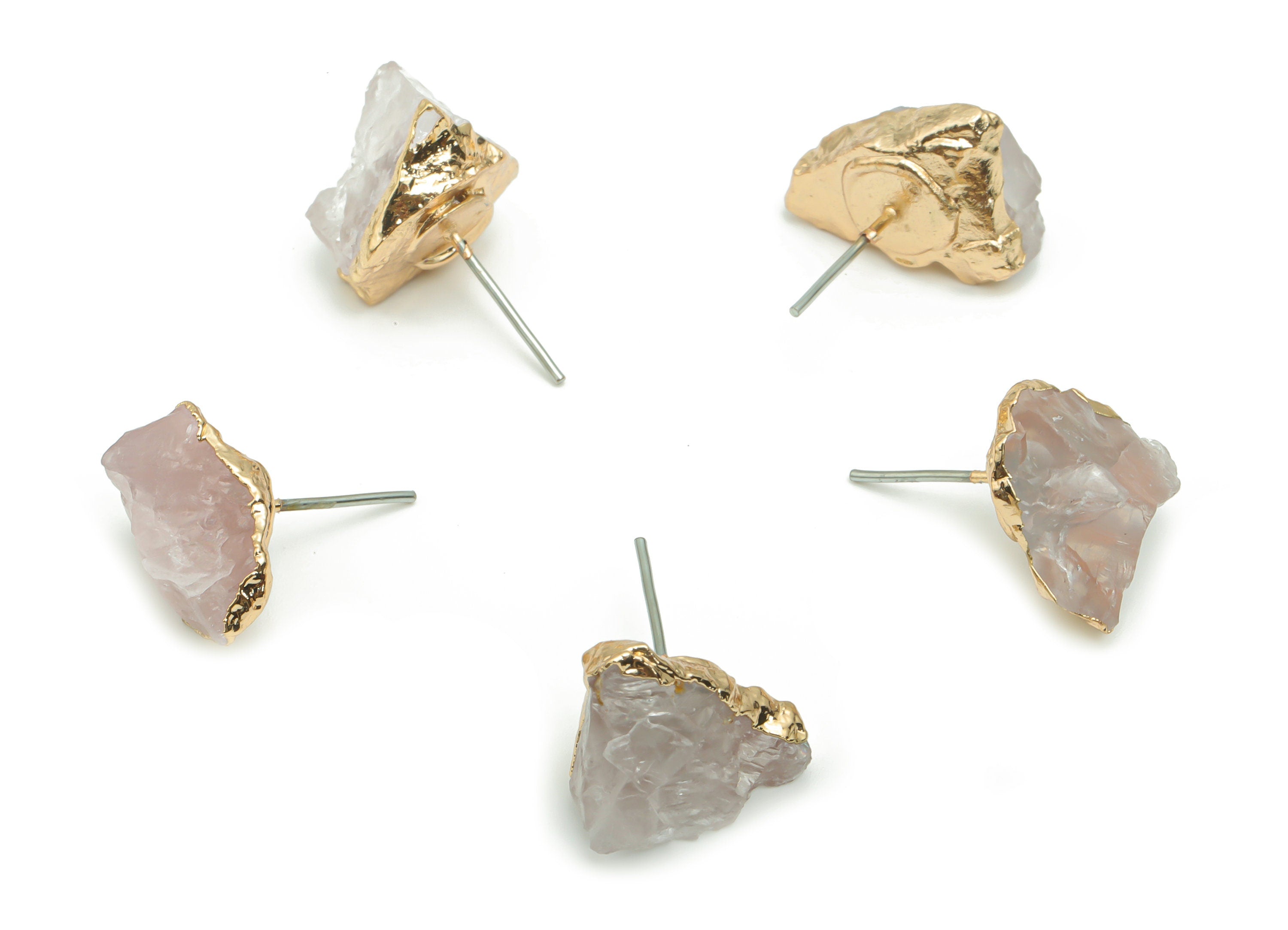 Rose Crystal Quartz Stud - Brass Stone Earring Post - Natural Stone - Gold Tone Plated Brass – Stainless Steel Stud - 14.18x9.8x8mm – NS1592 - DOMEDBAZAAR