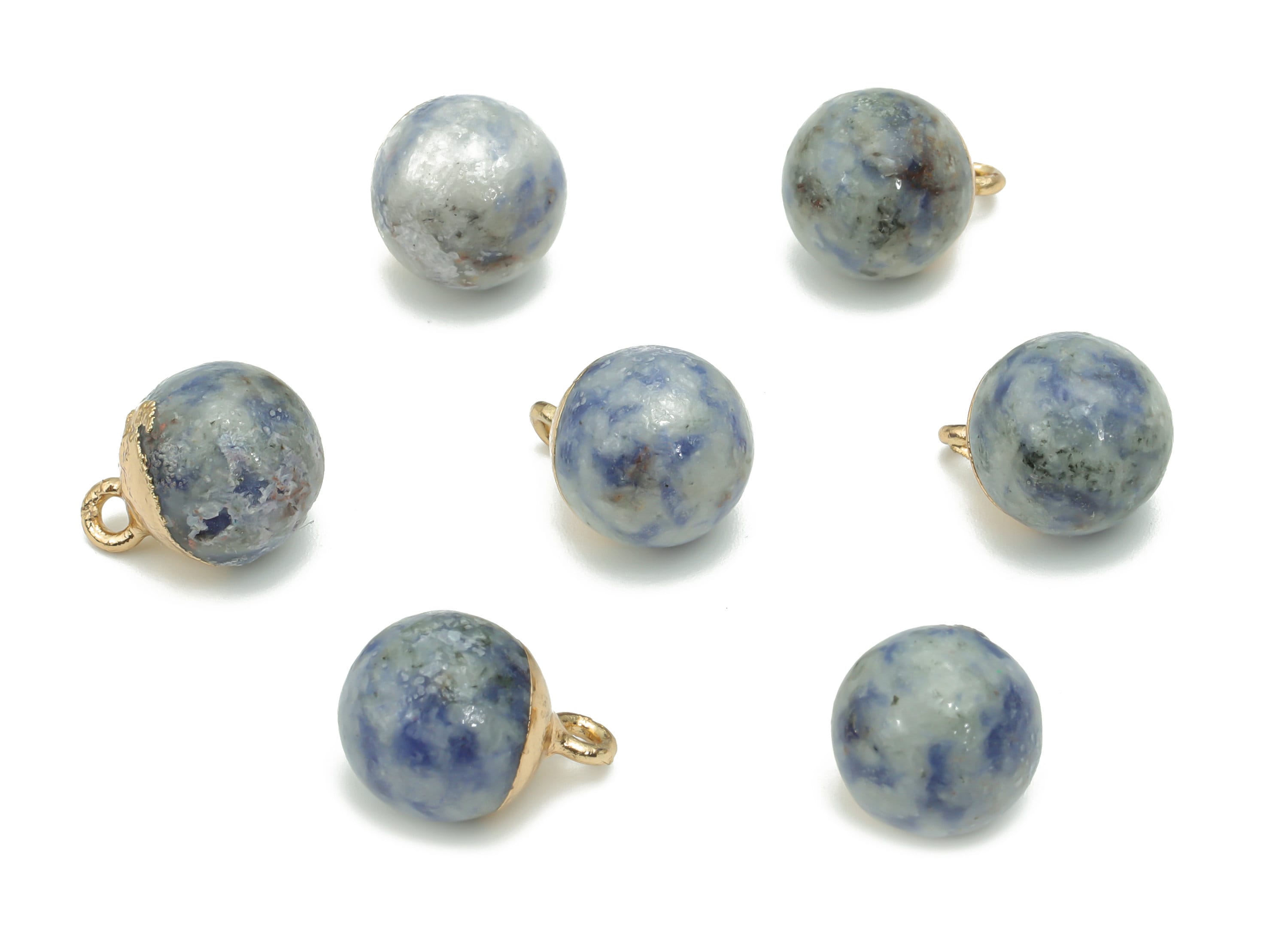 Blue Spot Jasper Ball Beads Charms - Brass Ball Beads Pendant - Iron Loop - Natural Stone - Gold Tone Plated Brass – 14.58x11x11mm – NS1578A - DOMEDBAZAAR