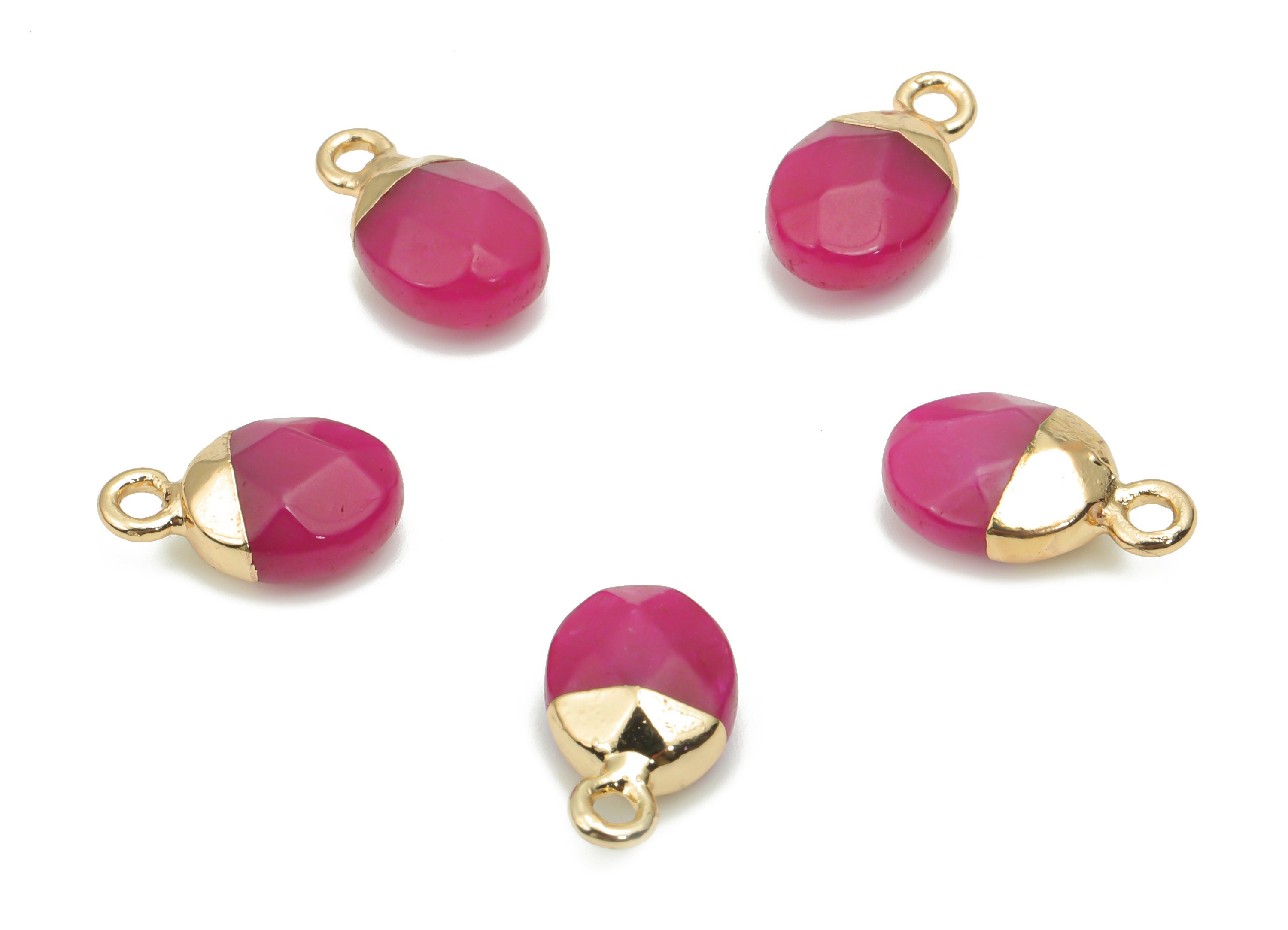 Pink Jade Mini Round Charms - Brass Circle Pendant - Iron Loop - Natural Stone - Gold Tone Plated Brass – 13.52x8.07x5.3mm – NS1577H - DOMEDBAZAAR