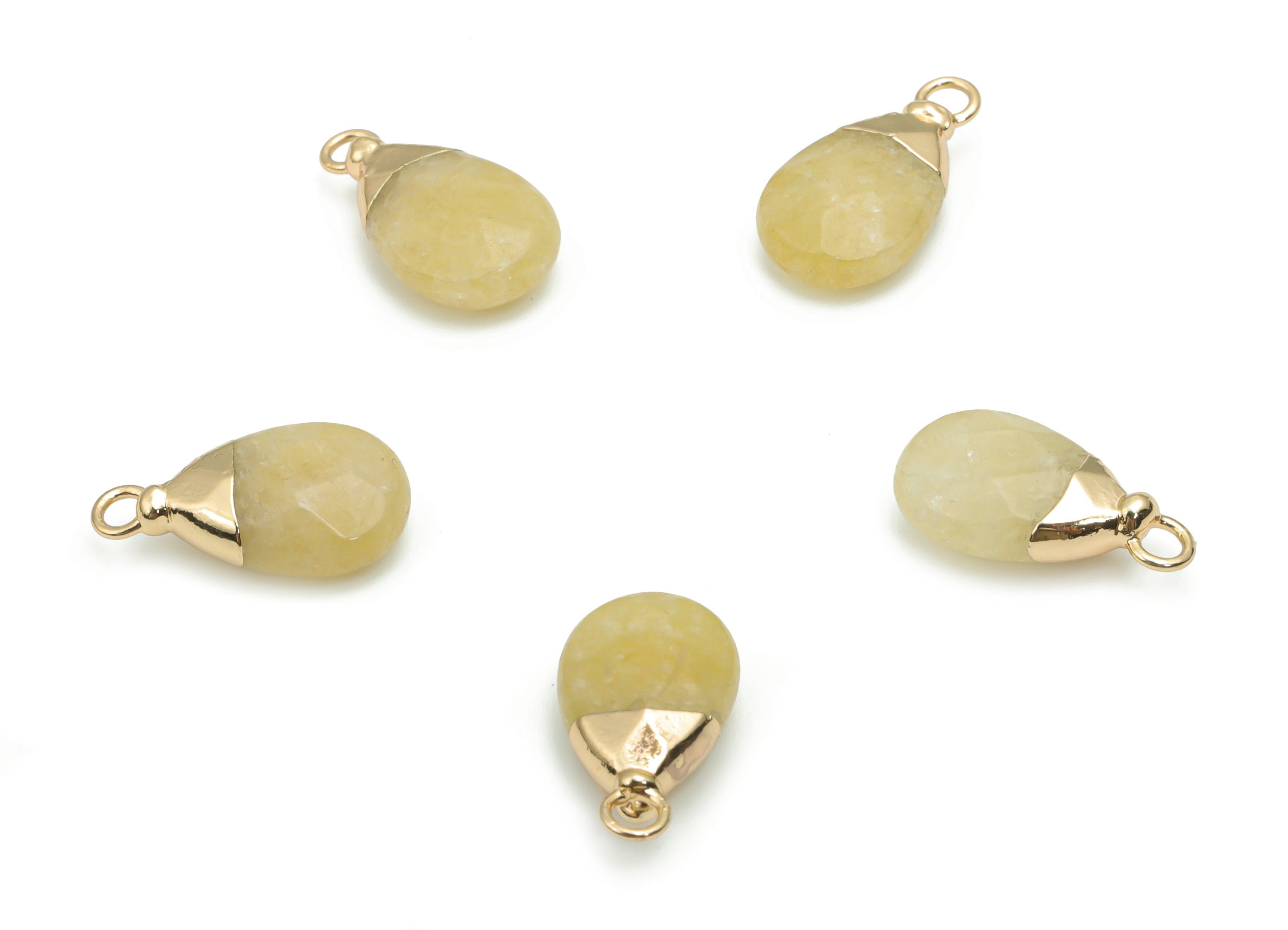 Yellow Jade Drop Earring Charms - Brass Drop Pendant - Iron Loop - Natural Stone - Gold Tone Plated Brass – 19.08x10.82x5.89mm – NS1569E - DOMEDBAZAAR