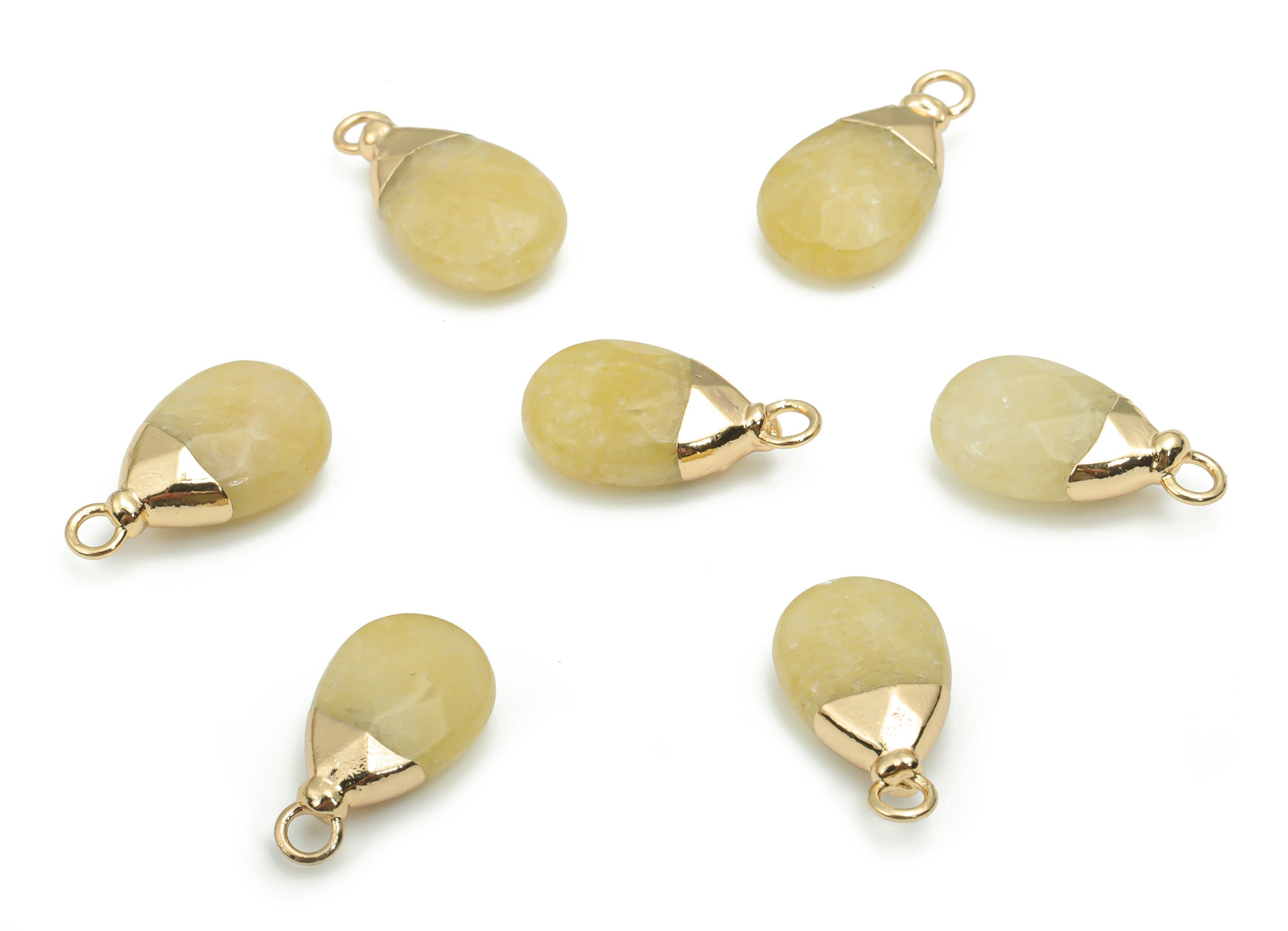 Yellow Jade Drop Earring Charms - Brass Drop Pendant - Iron Loop - Natural Stone - Gold Tone Plated Brass – 19.08x10.82x5.89mm – NS1569E - DOMEDBAZAAR