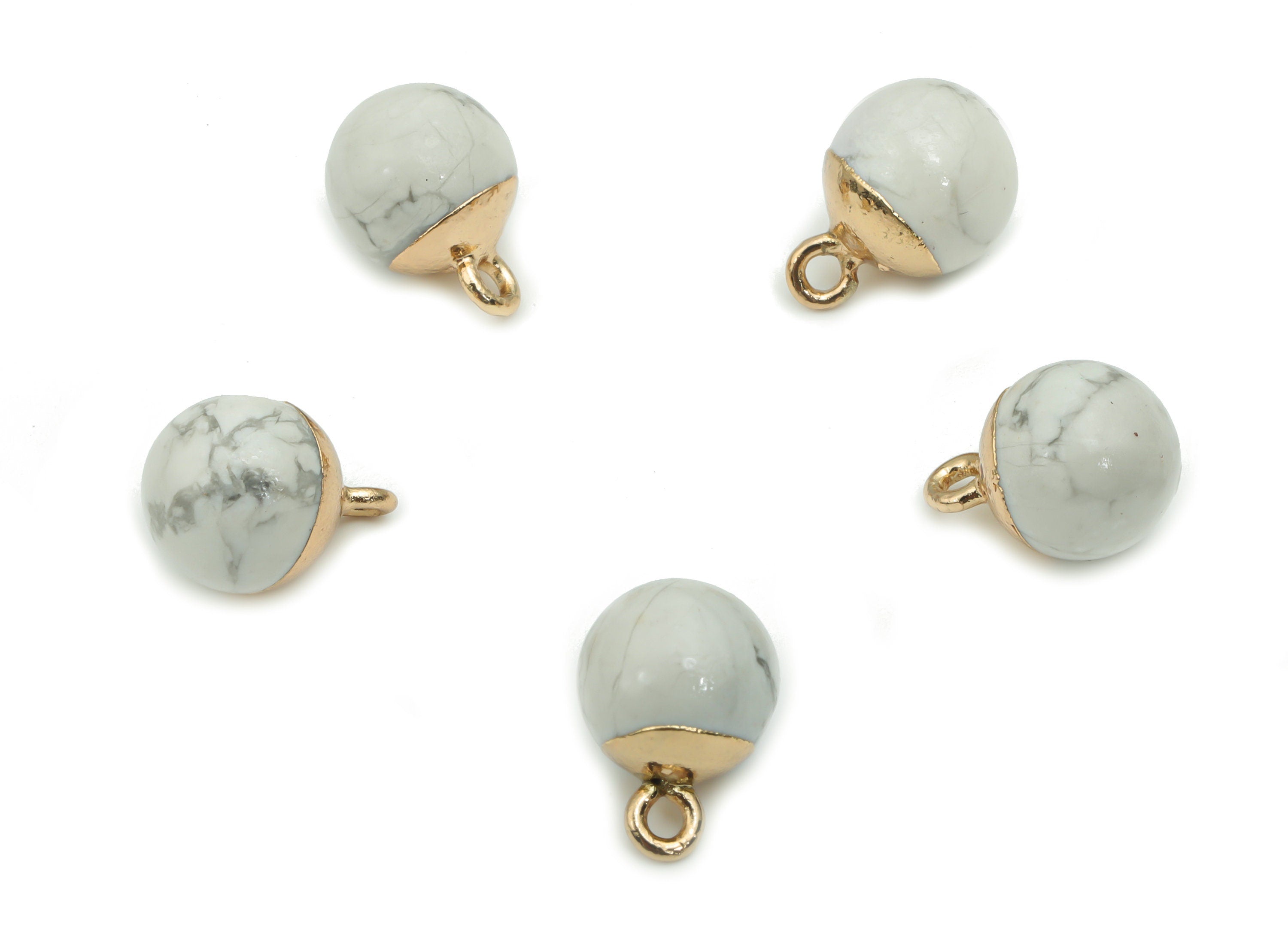 Howlite Ball Beads Charms - Brass Beads Pendant - Iron Loop - Natural Stone - Gold Tone Plated Brass – 14.58x10.8x10.8mm – NS1578H - DOMEDBAZAAR
