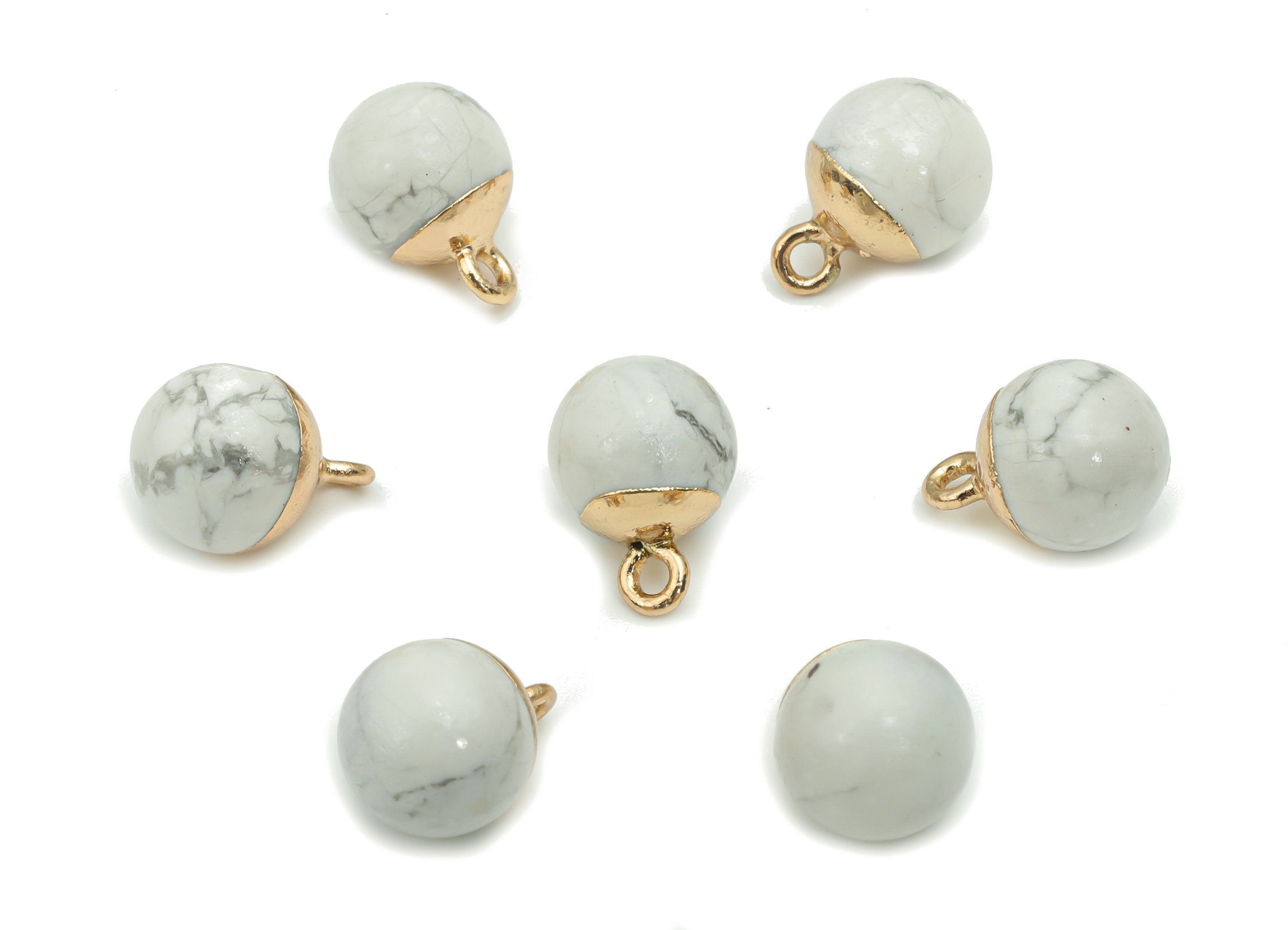 Howlite Ball Beads Charms - Brass Beads Pendant - Iron Loop - Natural Stone - Gold Tone Plated Brass – 14.58x10.8x10.8mm – NS1578H - DOMEDBAZAAR
