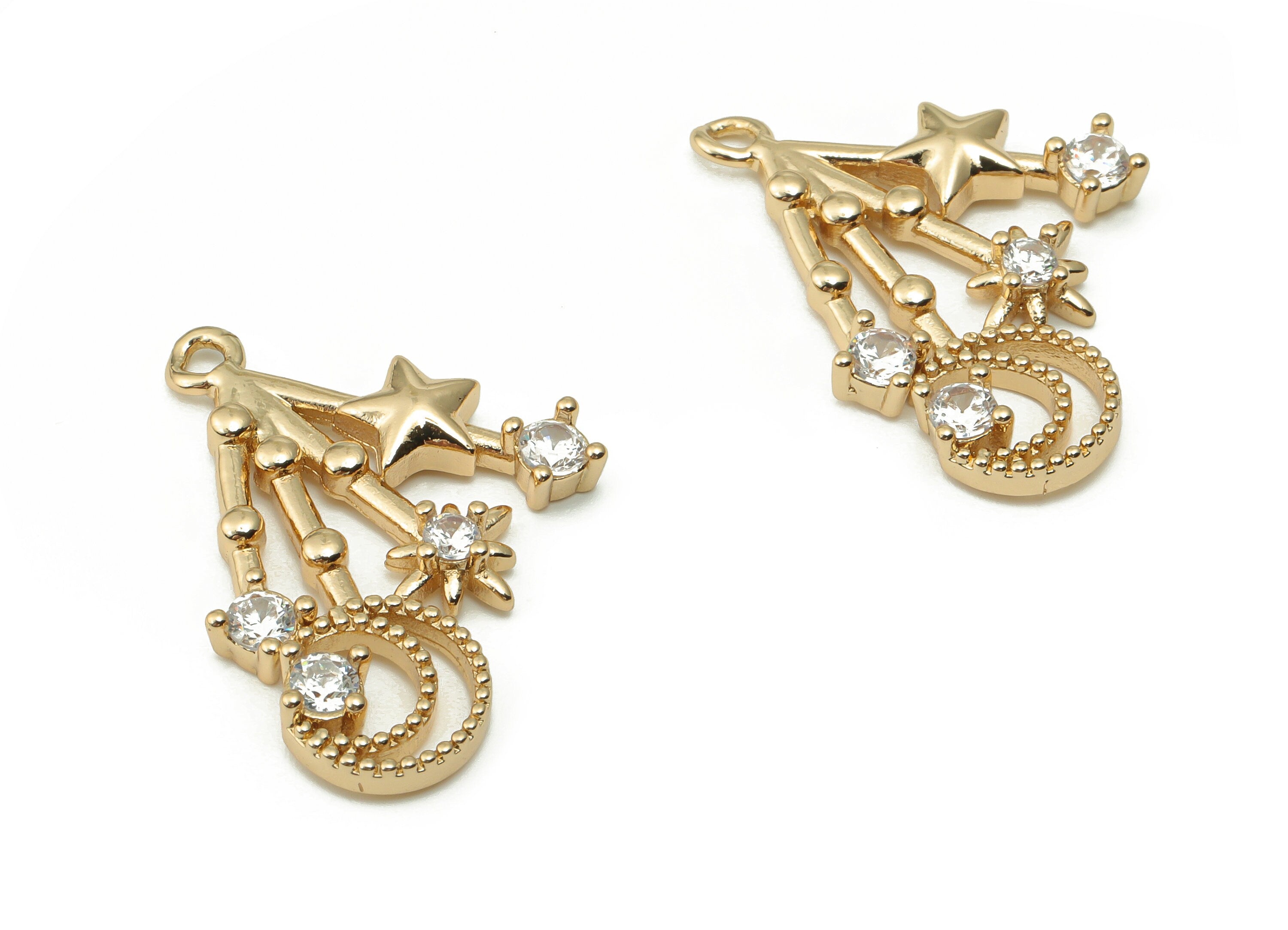 Brass Crescent Planet Star Earring Charms With Zircons - Gold Phases of Moon Pendant - Gold Tone Plated Brass - 26.06x19.52x2.95mm - PP4926G - DOMEDBAZAAR