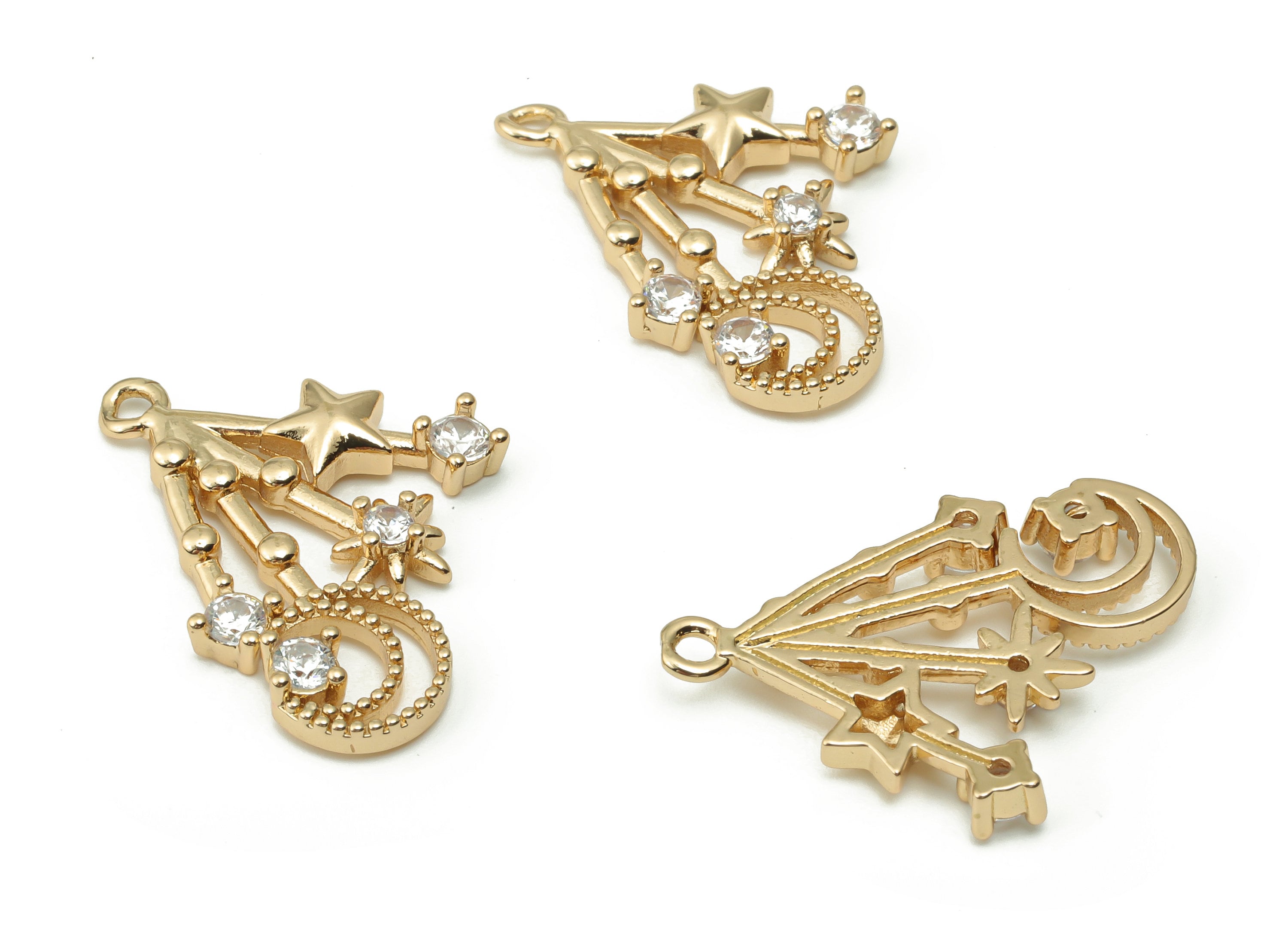 Brass Crescent Planet Star Earring Charms With Zircons - Gold Phases of Moon Pendant - Gold Tone Plated Brass - 26.06x19.52x2.95mm - PP4926G - DOMEDBAZAAR