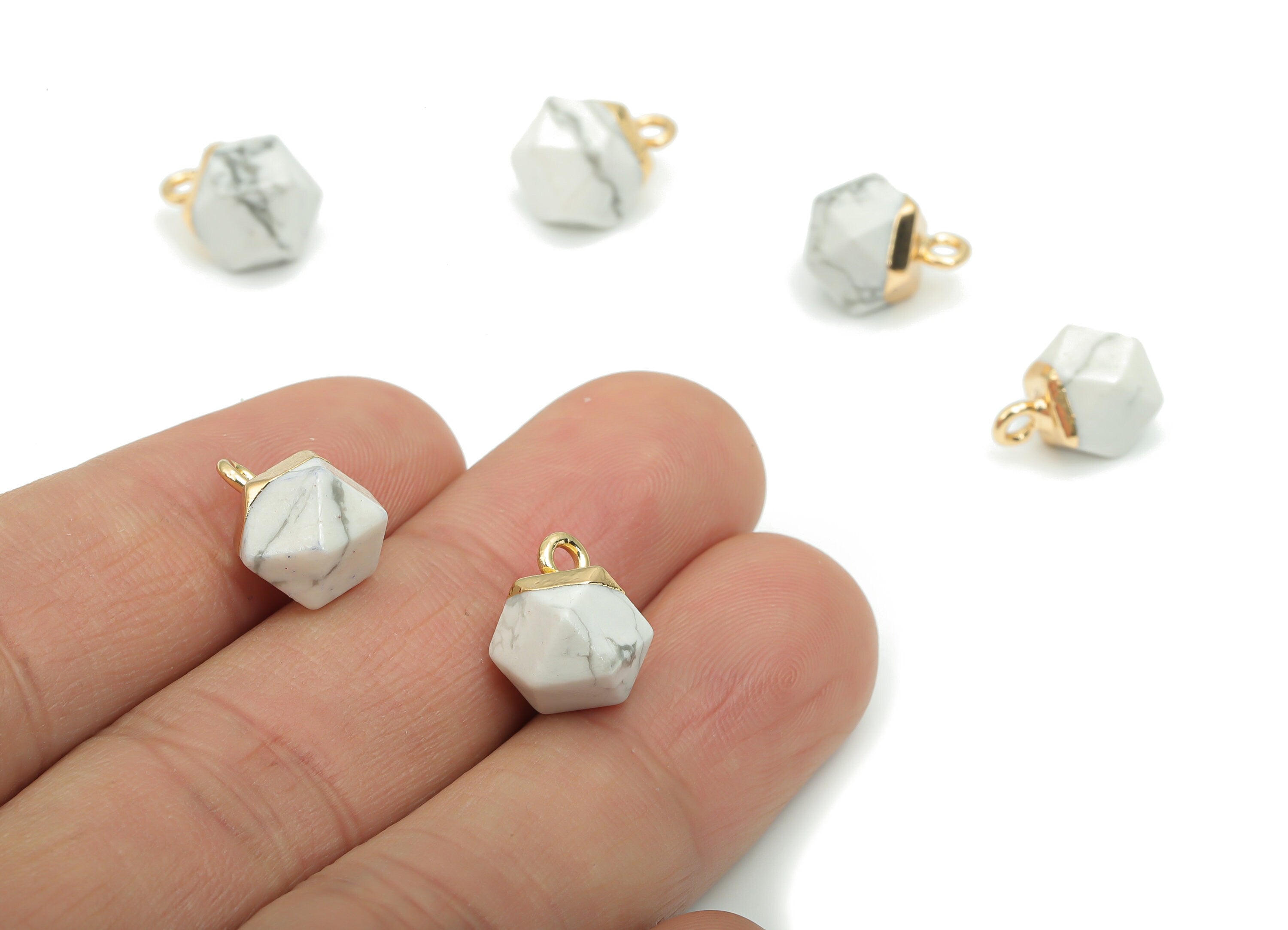 Howlite Hexagon Charms - Brass Hexagon Pendant - Iron Loop - Natural Stone - Gold Tone Plated Brass – 12.57x8.45x8.18mm – NS1580A - DOMEDBAZAAR
