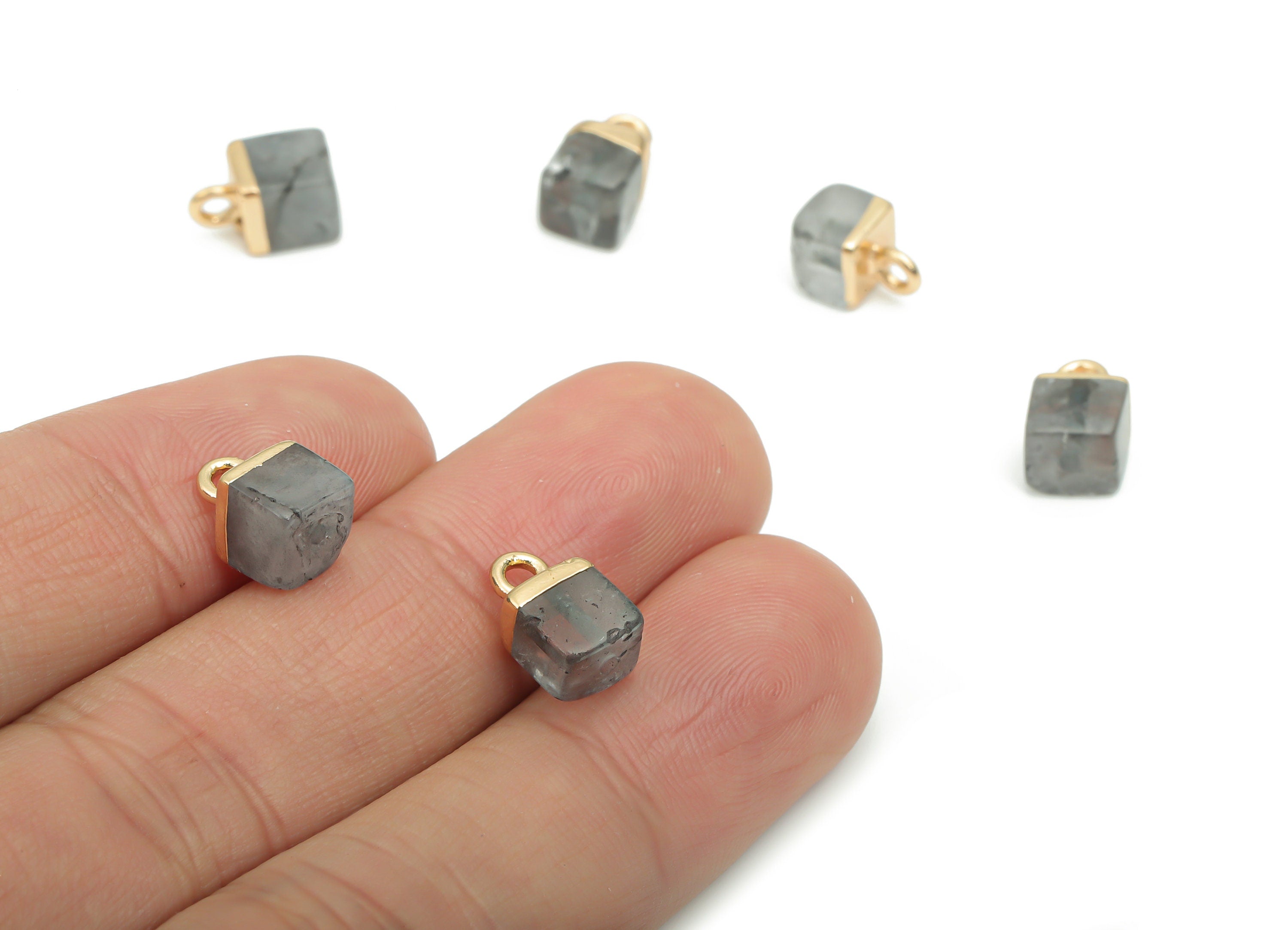 Labradorite Square Earring Charms - Brass Square Pendant - Iron Loop - Natural Stone - Gold Tone Plated Brass – 10.38x6.19x6.19mm – NS1564A - DOMEDBAZAAR