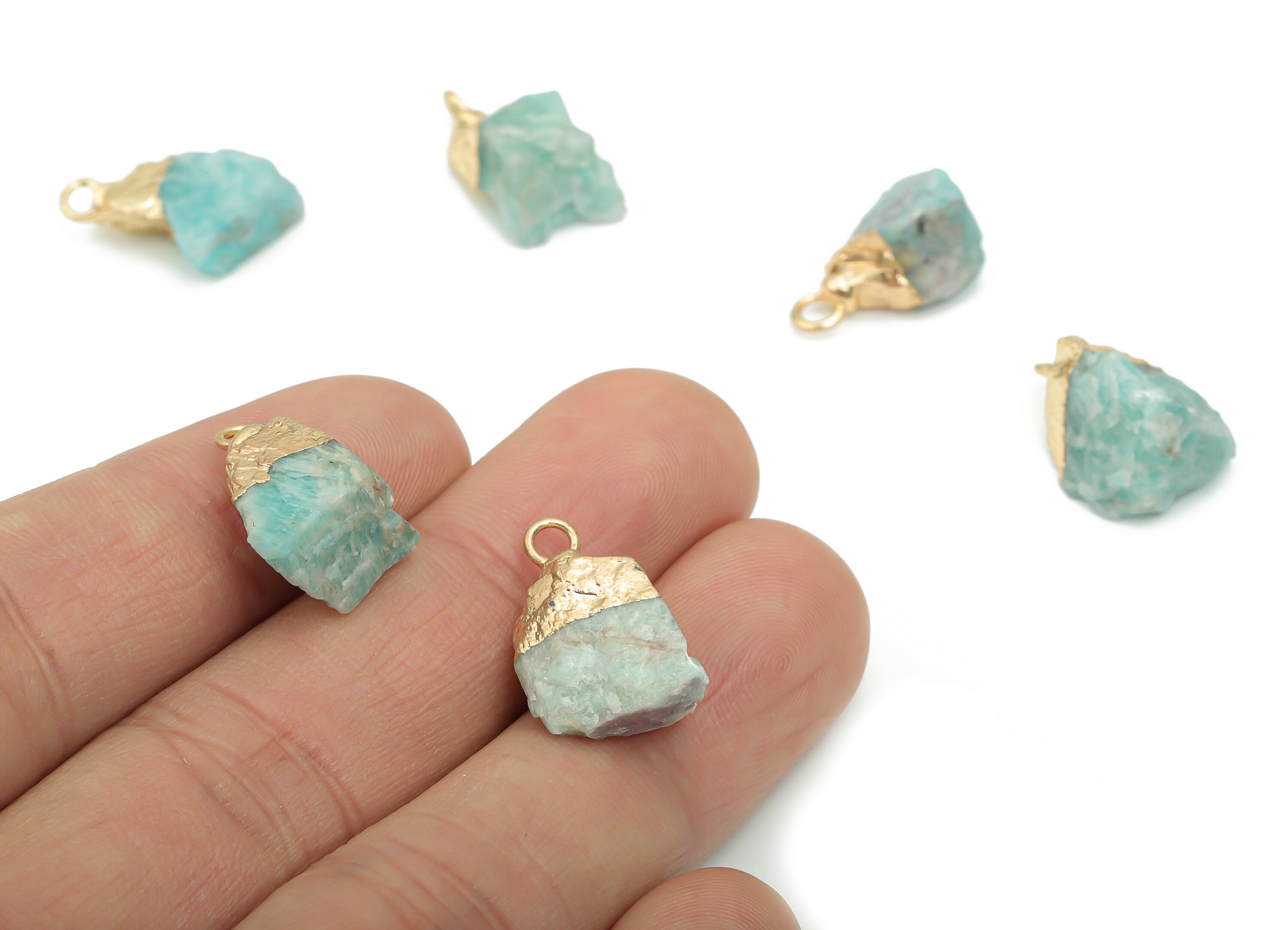 Amazonite Stone Earring Charms - Brass Irregular Pendant - Iron Loop - Raw Stone - Gold Tone Plated Brass – 19.98x8.27x7.77mm – NS1588 - DOMEDBAZAAR