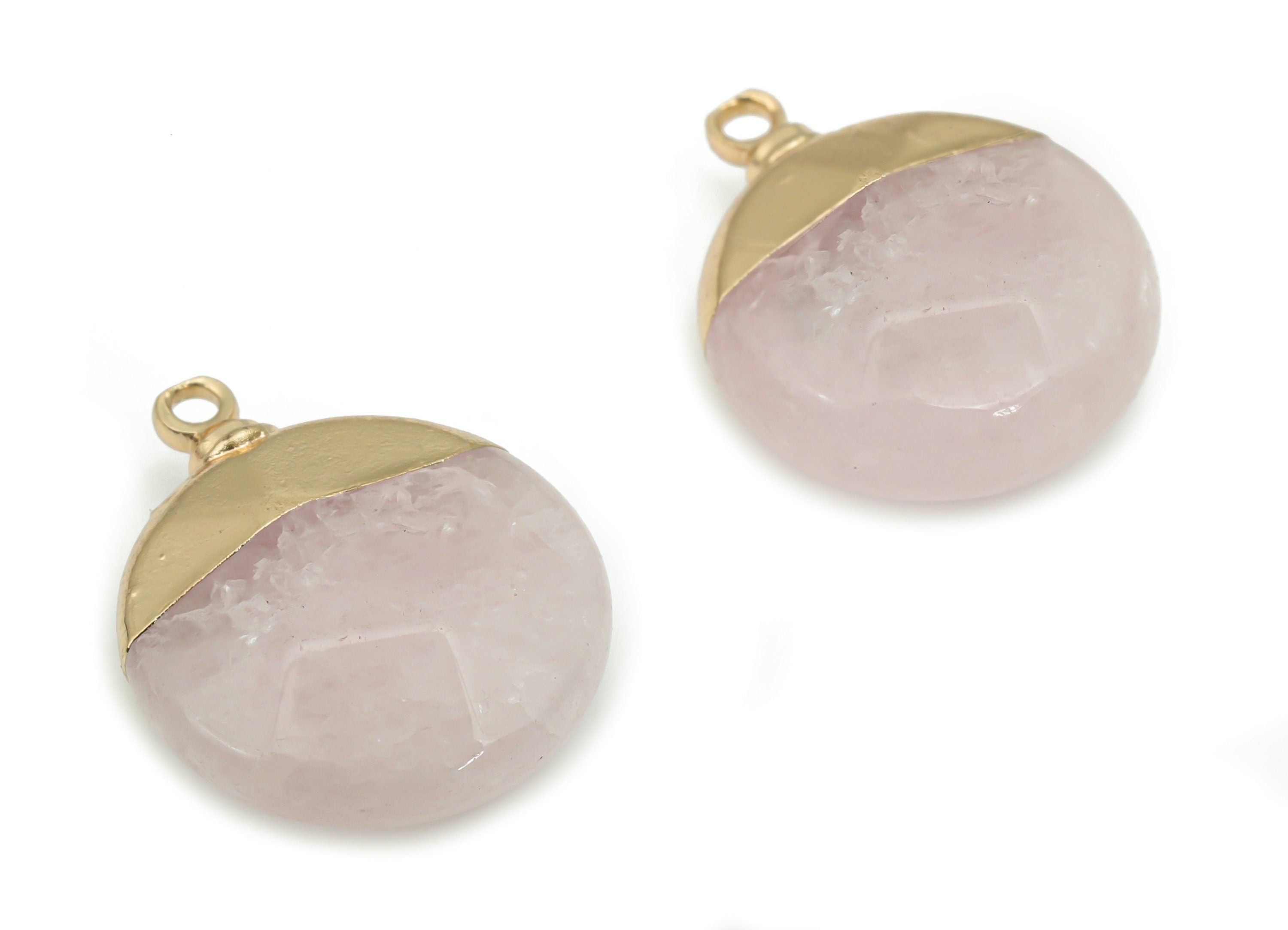 Rose Quartz Earring Charms - Brass Round Pendant - Iron Loop - Faceted Natural Stone - Gold Tone Plated Brass – 18.48x14.79x6.23mm – NS1570A - DOMEDBAZAAR