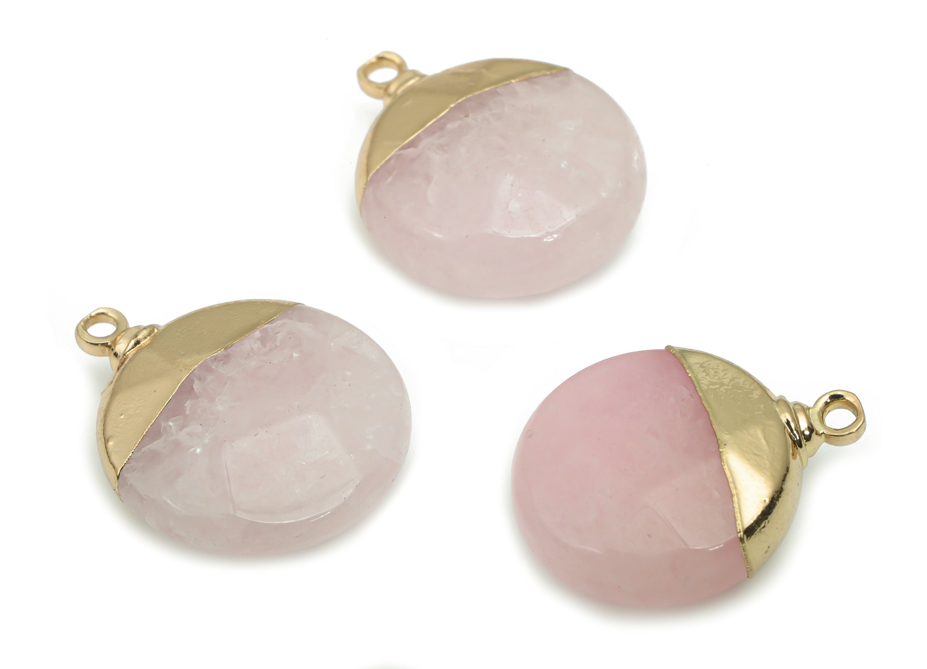 Rose Quartz Earring Charms - Brass Round Pendant - Iron Loop - Faceted Natural Stone - Gold Tone Plated Brass – 18.48x14.79x6.23mm – NS1570A - DOMEDBAZAAR