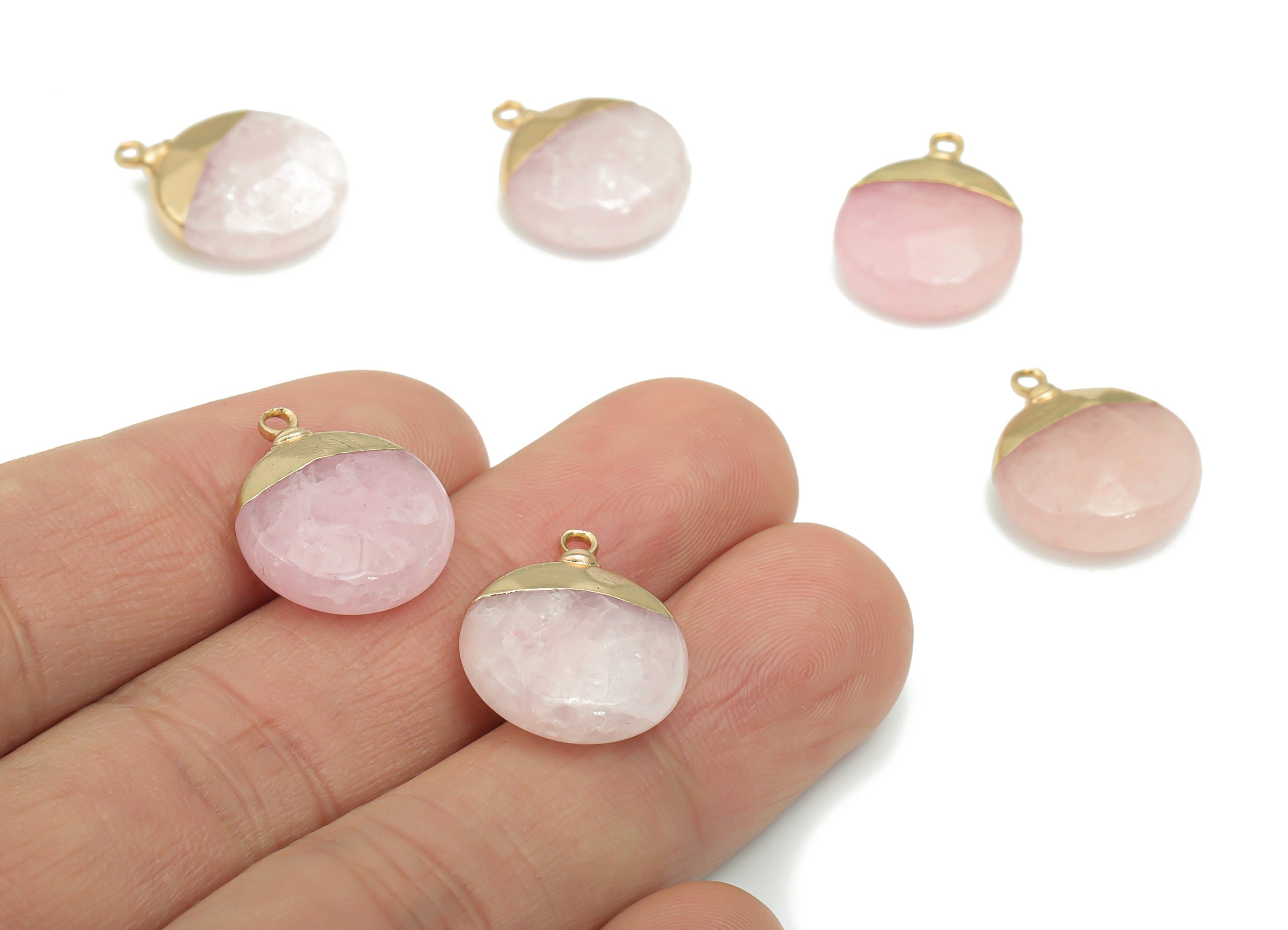 Rose Quartz Earring Charms - Brass Round Pendant - Iron Loop - Faceted Natural Stone - Gold Tone Plated Brass – 18.48x14.79x6.23mm – NS1570A - DOMEDBAZAAR