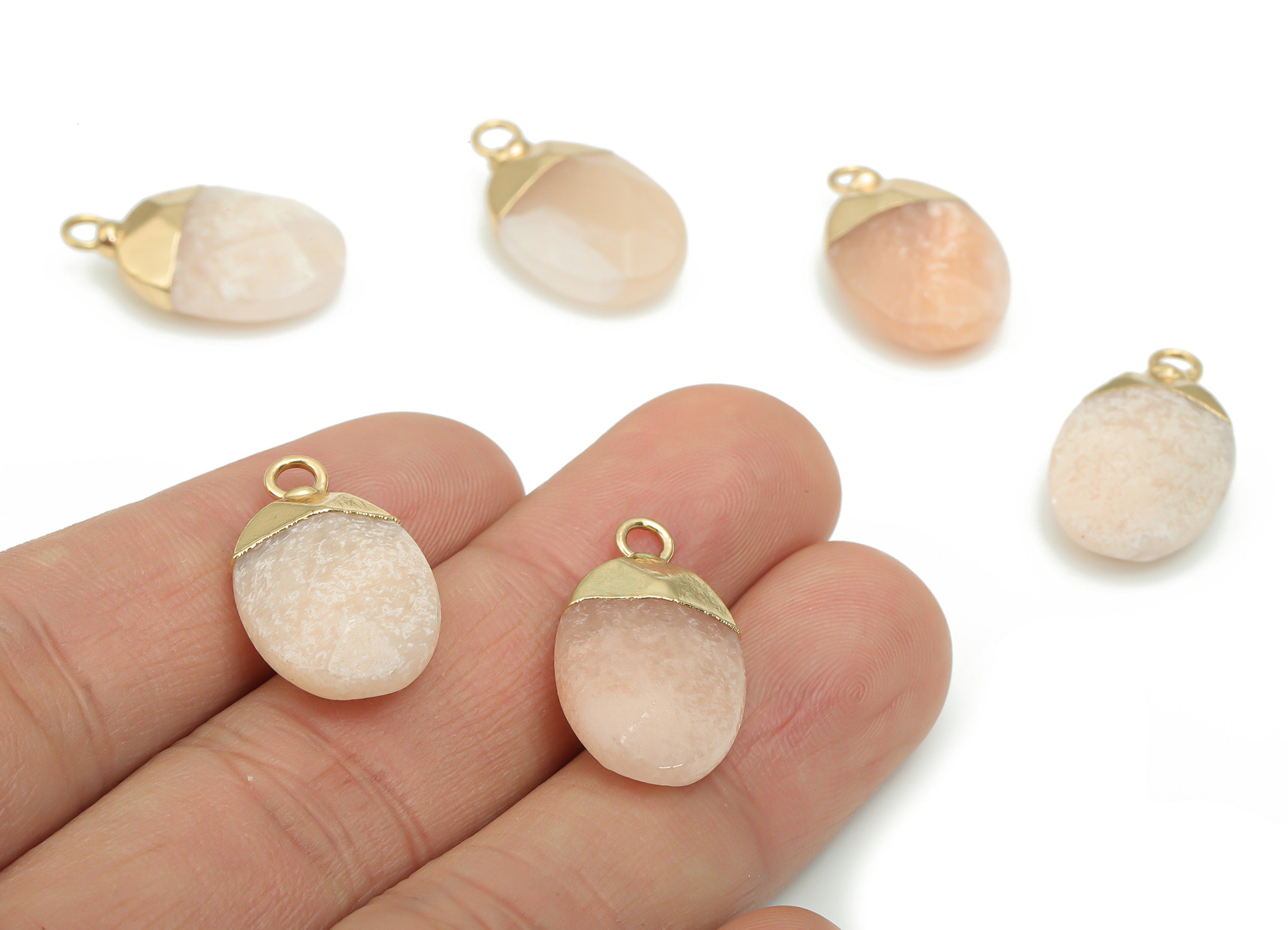 Pink Aventurine Oval Earring Charms - Brass Oval Pendant - Iron Loop - Natural Stone - Gold Tone Plated Brass – 22.31x13.36x6.41mm – NS1563B - DOMEDBAZAAR
