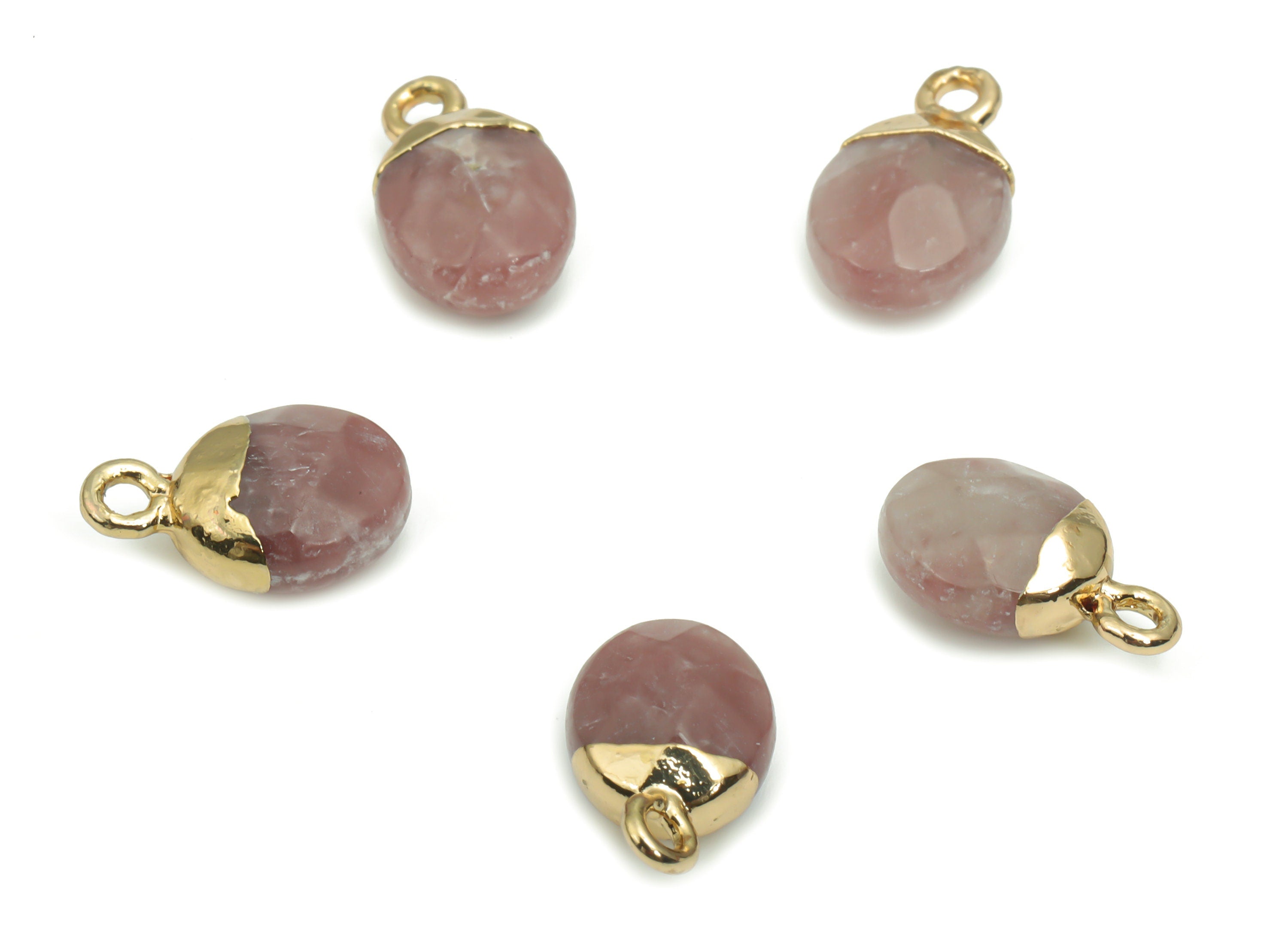 Strawberry Crystal Mini Round Charms - Brass Circle Pendant - Iron Loop - Faceted Stone - Gold Tone Plated Brass – 13.52x8.1x5.3mm – NS1577F - DOMEDBAZAAR
