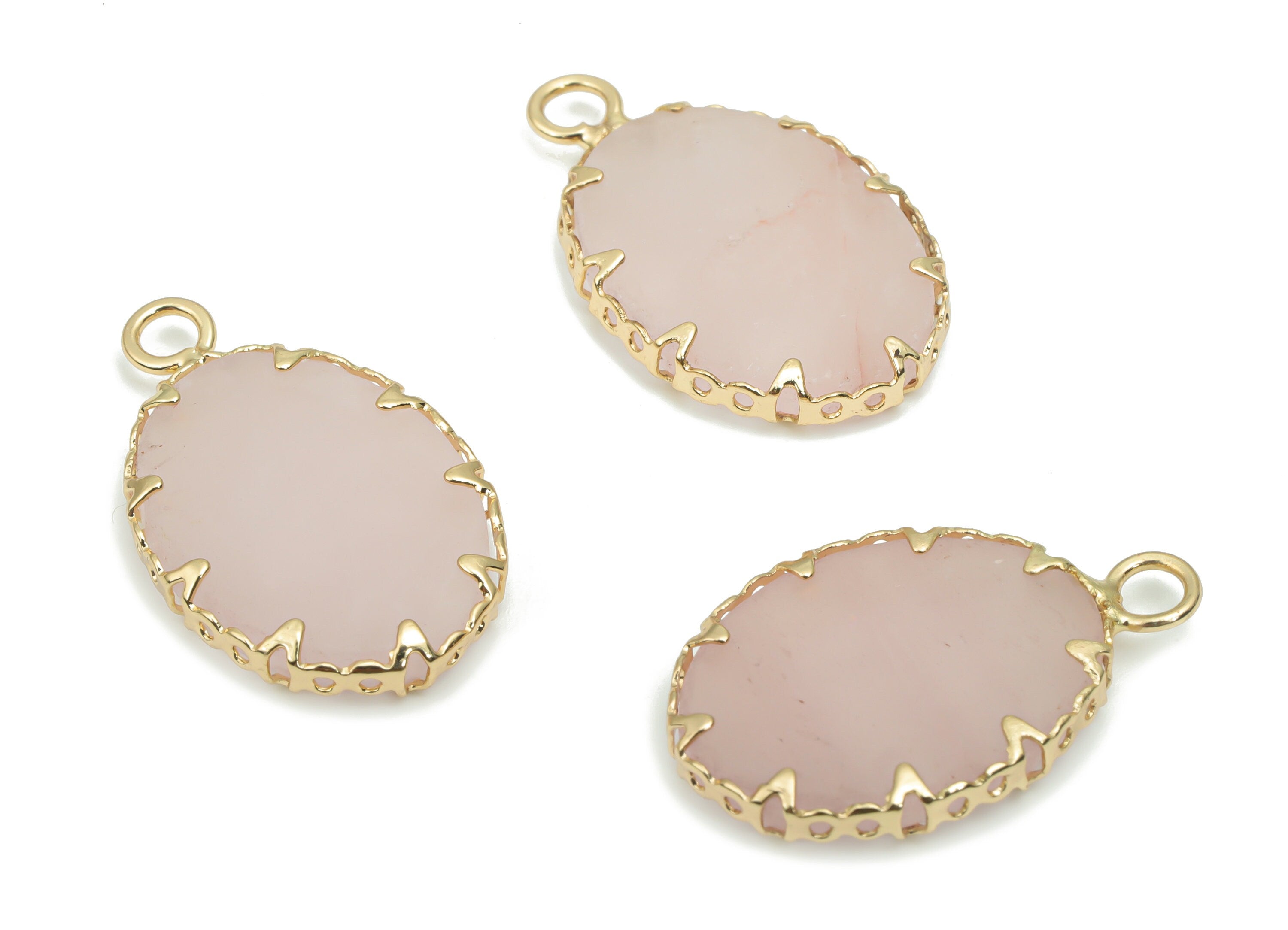 Rose Crystal Quartz Oval Charms - Brass Frame Pendant - Iron Loop - Natural Stone - Gold Tone Plated Brass – 22.97x14.31x2.94mm – NS1572C - DOMEDBAZAAR