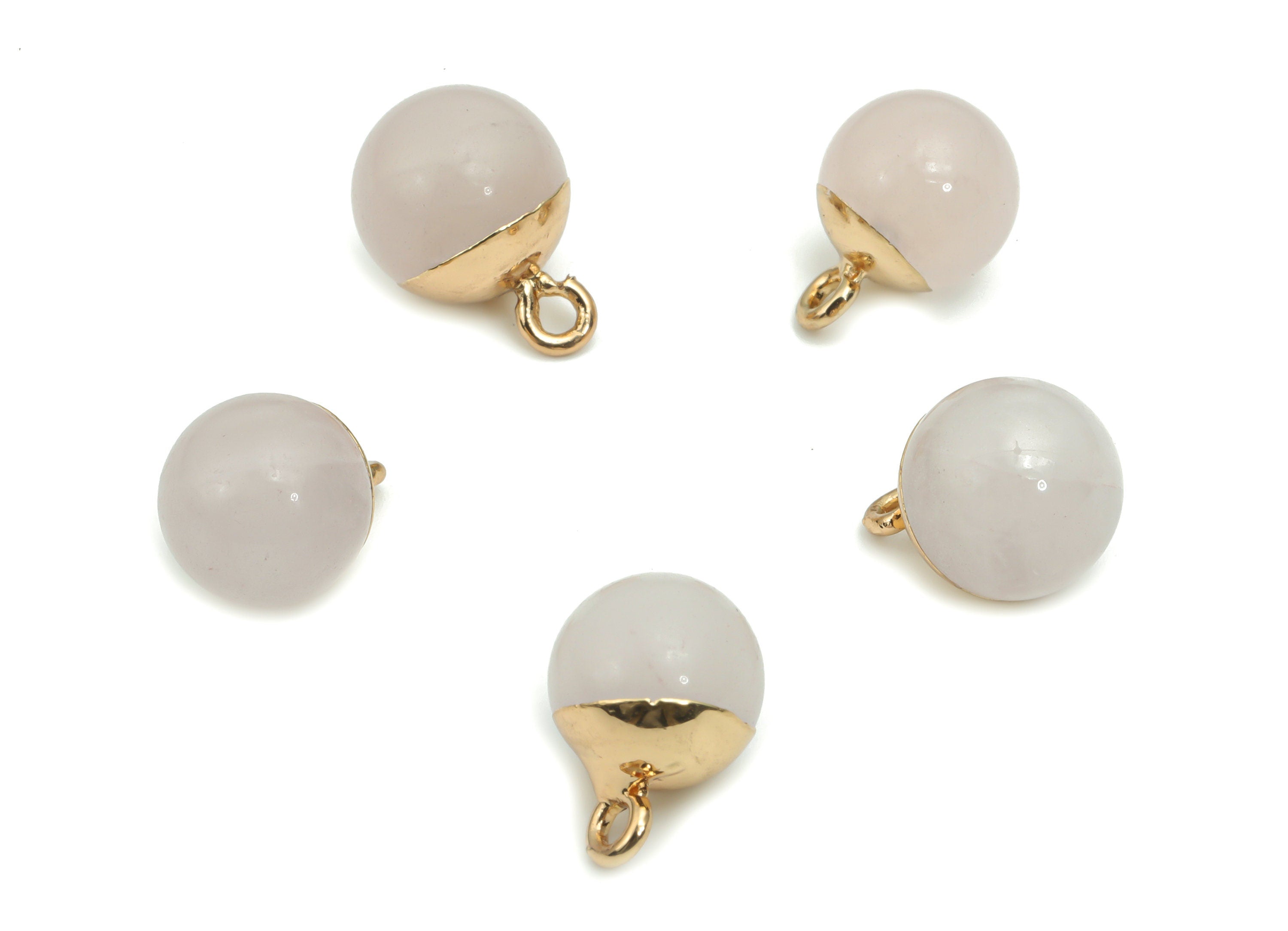 Rose Crystal Quartz Ball Beads Charms - Brass Beads Pendant - Iron Loop - Natural Stone - Gold Tone Plated Brass – 14.58x10.8x10.8mm–NS1578C - DOMEDBAZAAR