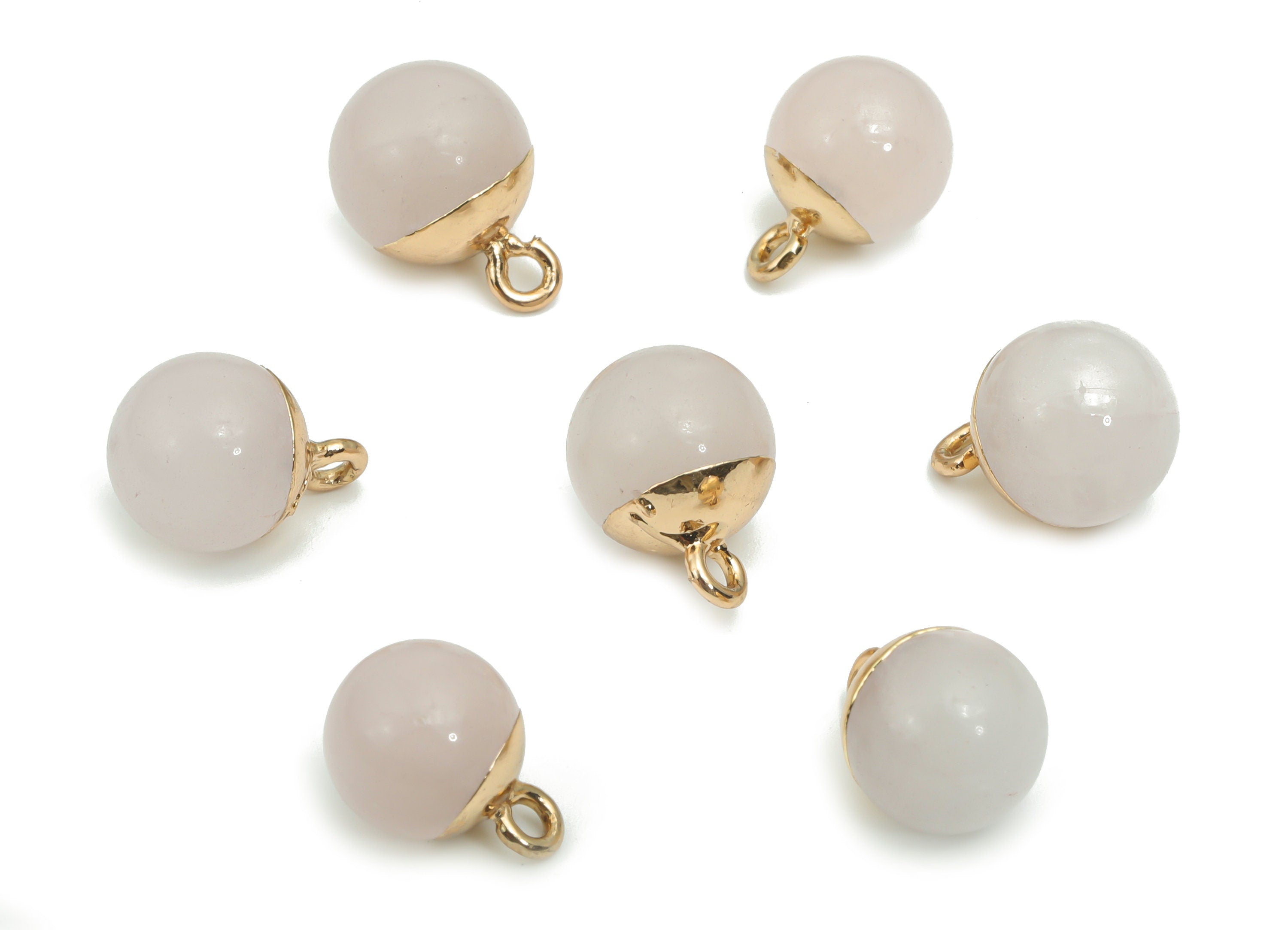 Rose Crystal Quartz Ball Beads Charms - Brass Beads Pendant - Iron Loop - Natural Stone - Gold Tone Plated Brass – 14.58x10.8x10.8mm–NS1578C - DOMEDBAZAAR