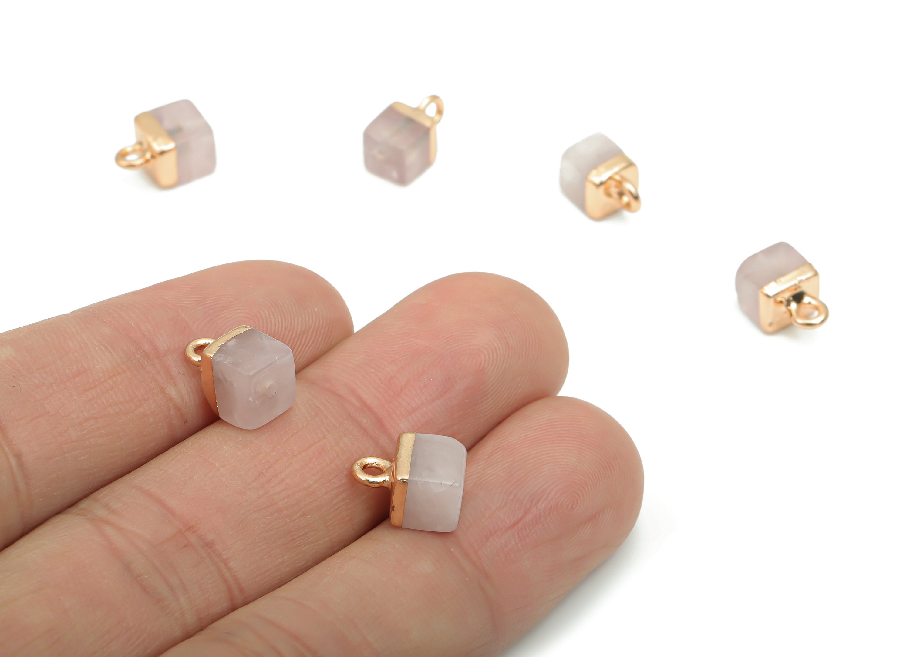 Rose Crystal Quartz Earring Charms - Brass Square Pendant - Iron Loop - Natural Stone - Gold Tone Plated Brass – 10.31x6.8x6.8mm – NS1564B - DOMEDBAZAAR
