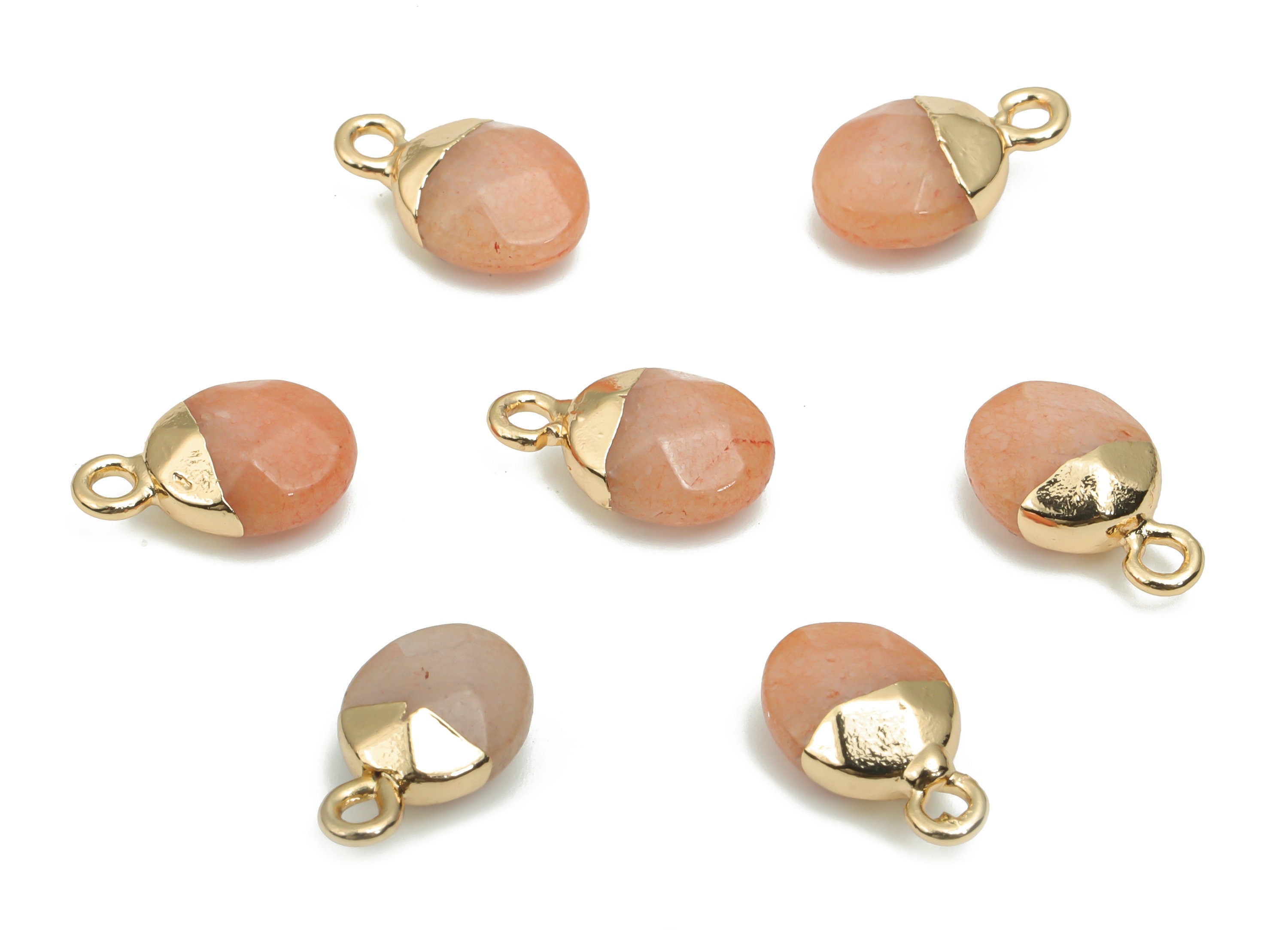 Orange Jade Mini Round Earring Charms - Brass Circle Pendant - Iron Loop - Faceted Stone - Gold Tone Plated Brass – 13.52x8.1x5.3mm– NS1577K - DOMEDBAZAAR