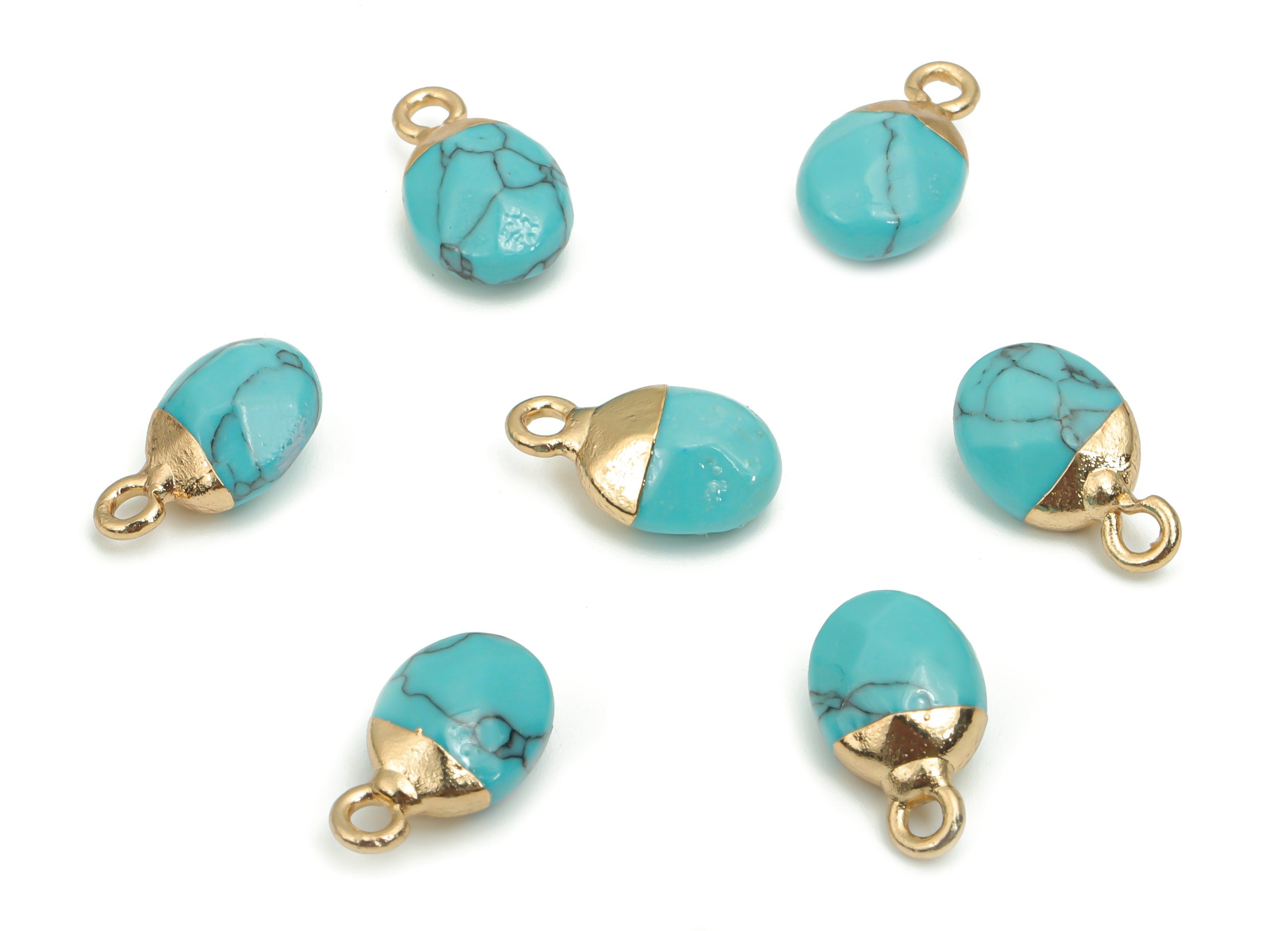 Blue Turquoise Mini Round Charms - Brass Circle Pendant - Iron Loop - Faceted Stone - Gold Tone Plated Brass – 13.52x8.1x5.3mm – NS1577G - DOMEDBAZAAR