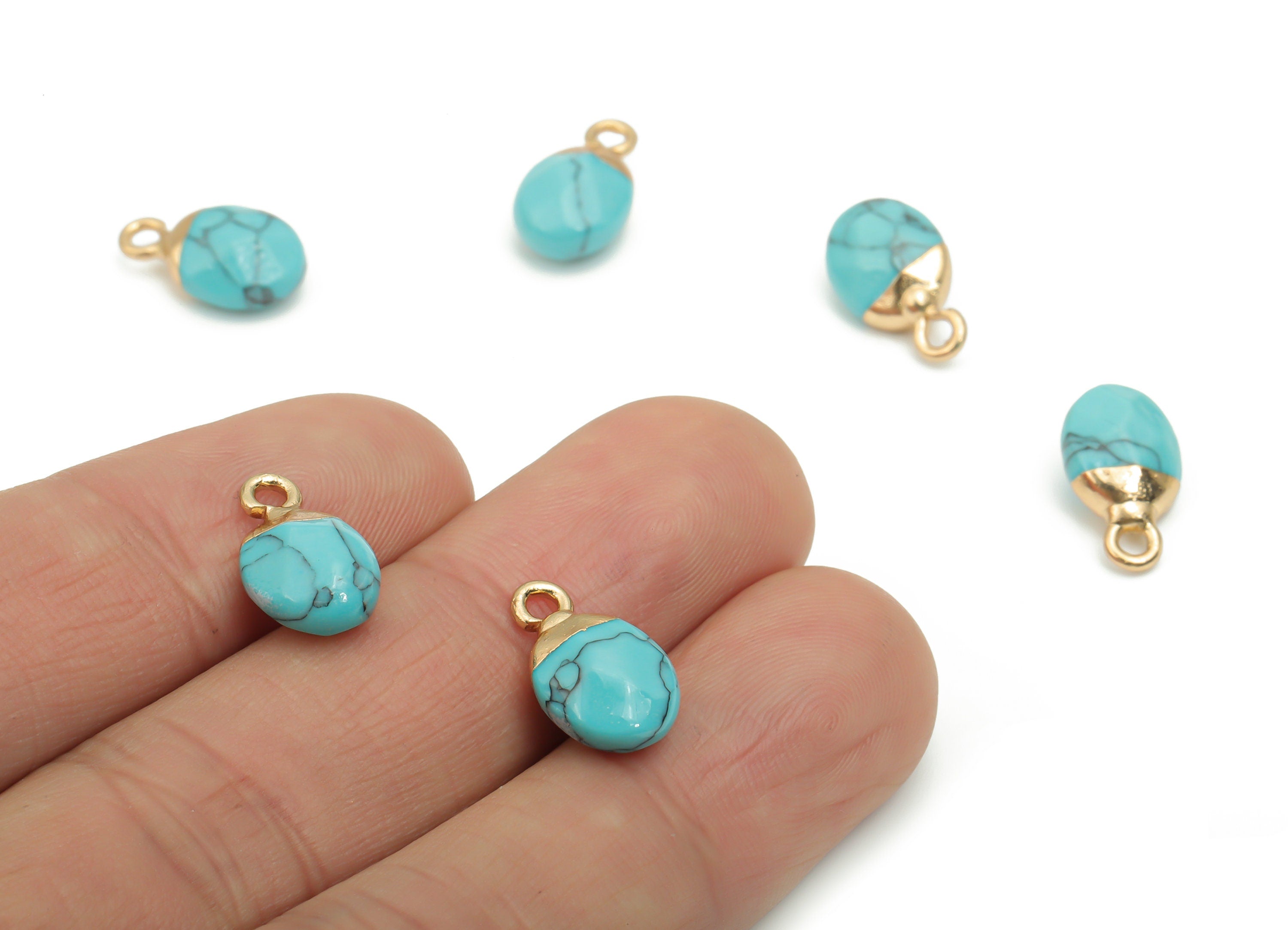Blue Turquoise Mini Round Charms - Brass Circle Pendant - Iron Loop - Faceted Stone - Gold Tone Plated Brass – 13.52x8.1x5.3mm – NS1577G - DOMEDBAZAAR