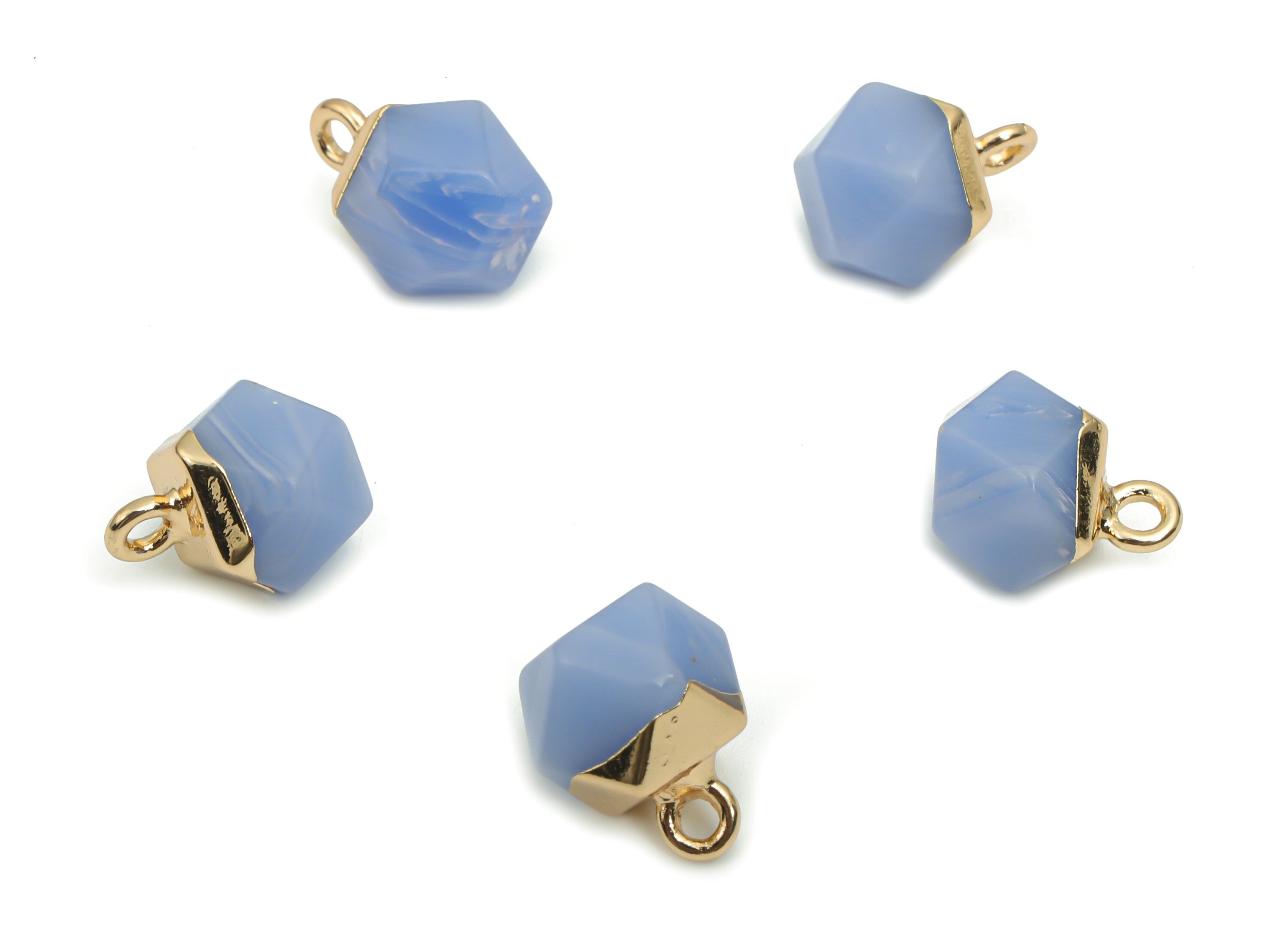 Blue Agate Hexagon Charms - Brass Hexagon Pendant - Iron Loop - Natural Stone - Gold Tone Plated Brass – 12.57x8.45x8.2mm – NS1580H - DOMEDBAZAAR
