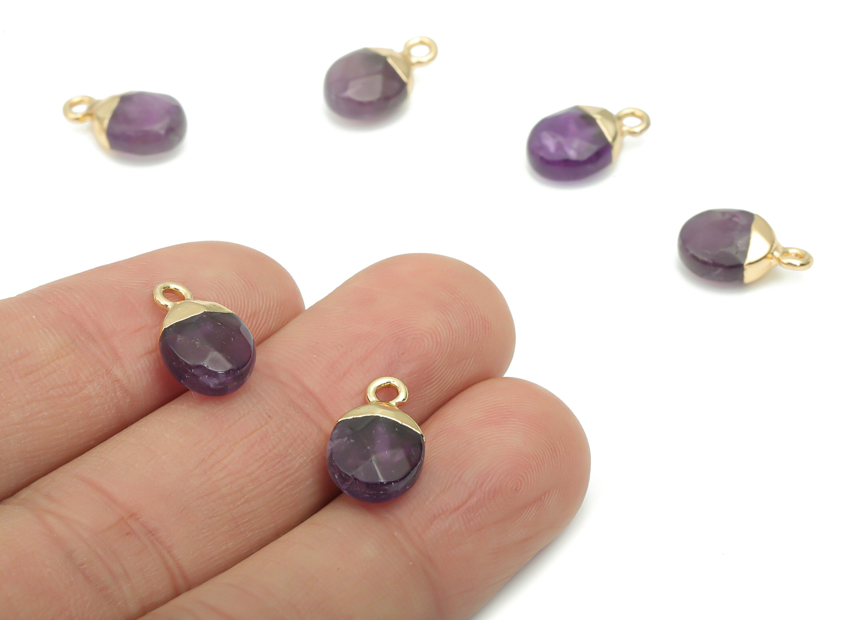 Amethyst Mini Round Earring Charms - Brass Circle Pendant - Iron Loop - Faceted Stone - Gold Tone Plated Brass – 13.52x8.1x5.3mm – NS1577D - DOMEDBAZAAR
