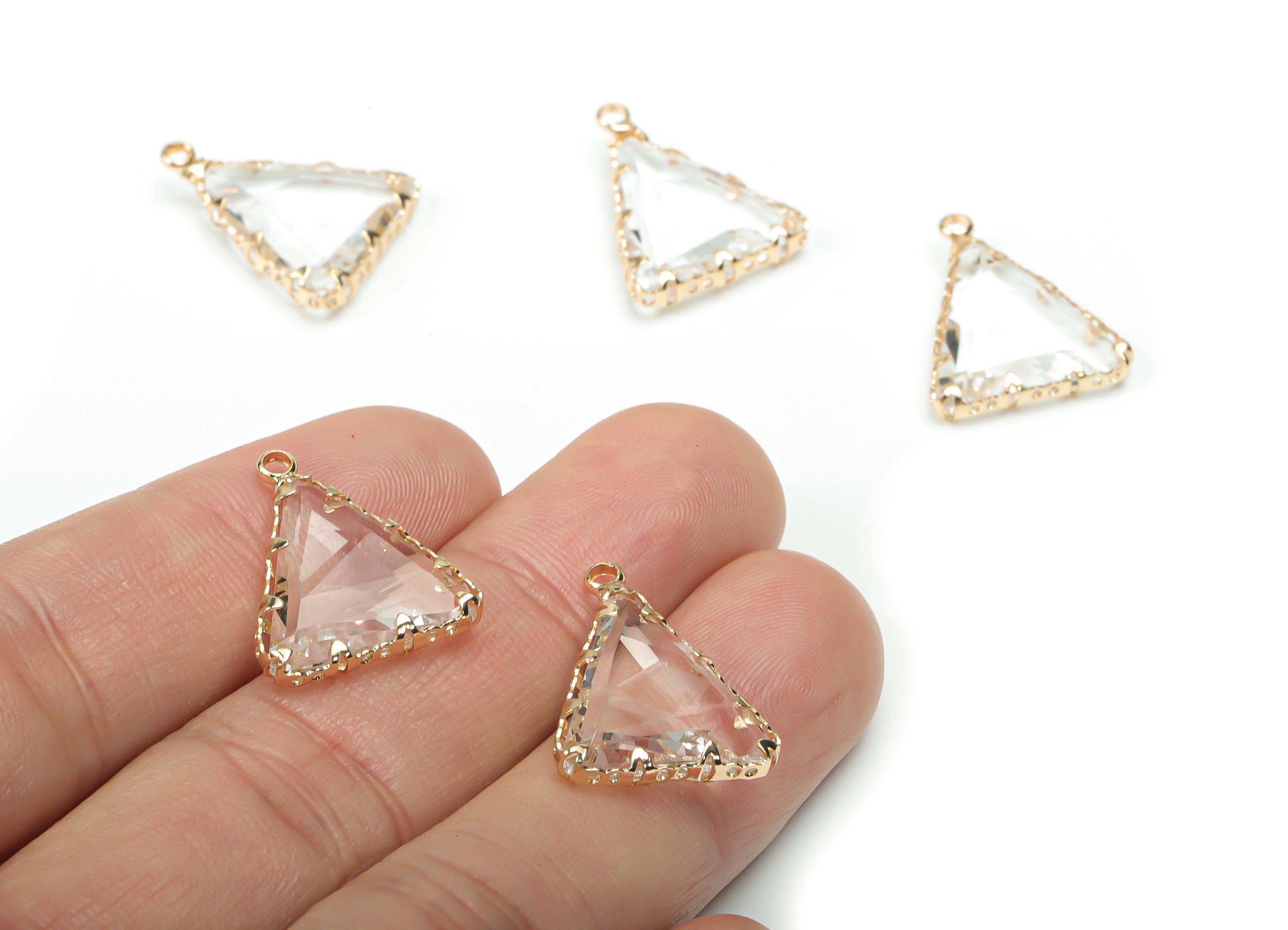 Glass Triangle Earring Charms - Brass Triangle Frame Pendant - Gold Tone Plated Brass - Faceted Glass - 20.03x16.33x4.5mm - GS1082 - DOMEDBAZAAR