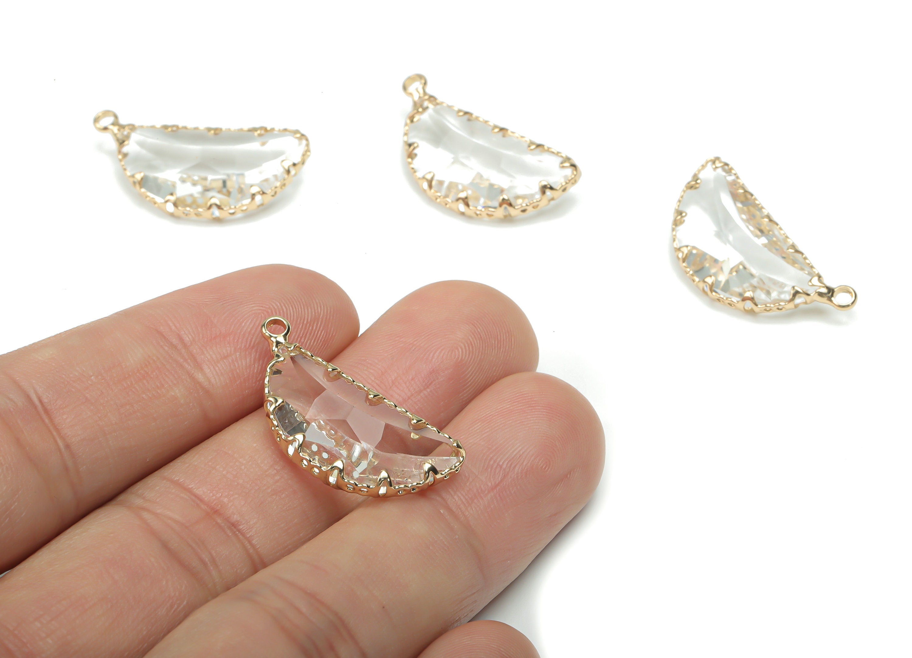 Glass Crescent Earring Charms - Brass Moon Frame Pendant - Gold Tone Plated Brass - Faceted Glass - 26.05x12.69x6.76mm - GS1077 - DOMEDBAZAAR