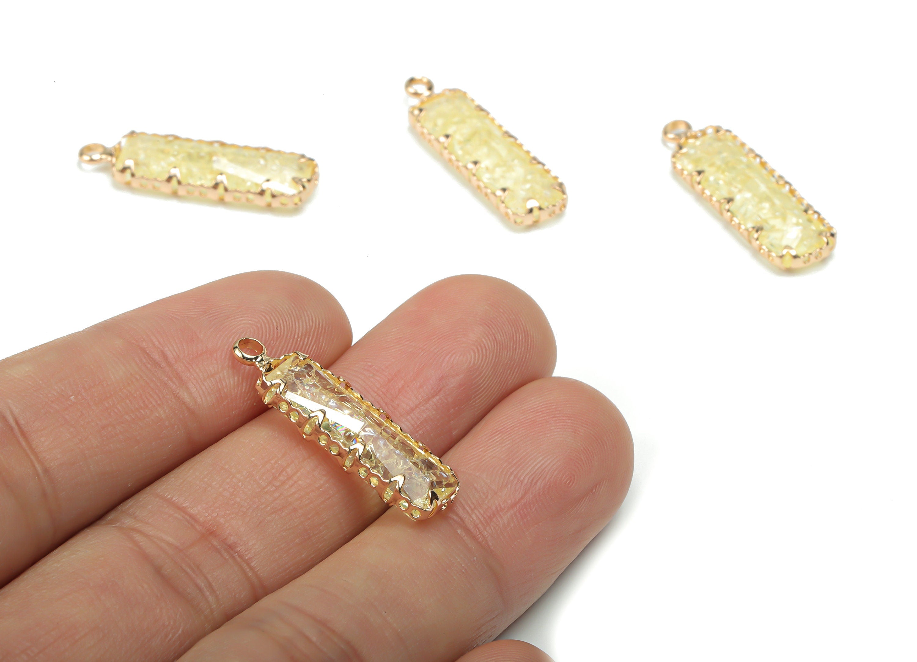 Glass Rectangle Earring Charms - Brass Rectangle Frame Pendant - Gold Tone Plated Brass - Jewelry Making Supplies - 26.34x7.62x3.95mm-GS1079 - DOMEDBAZAAR