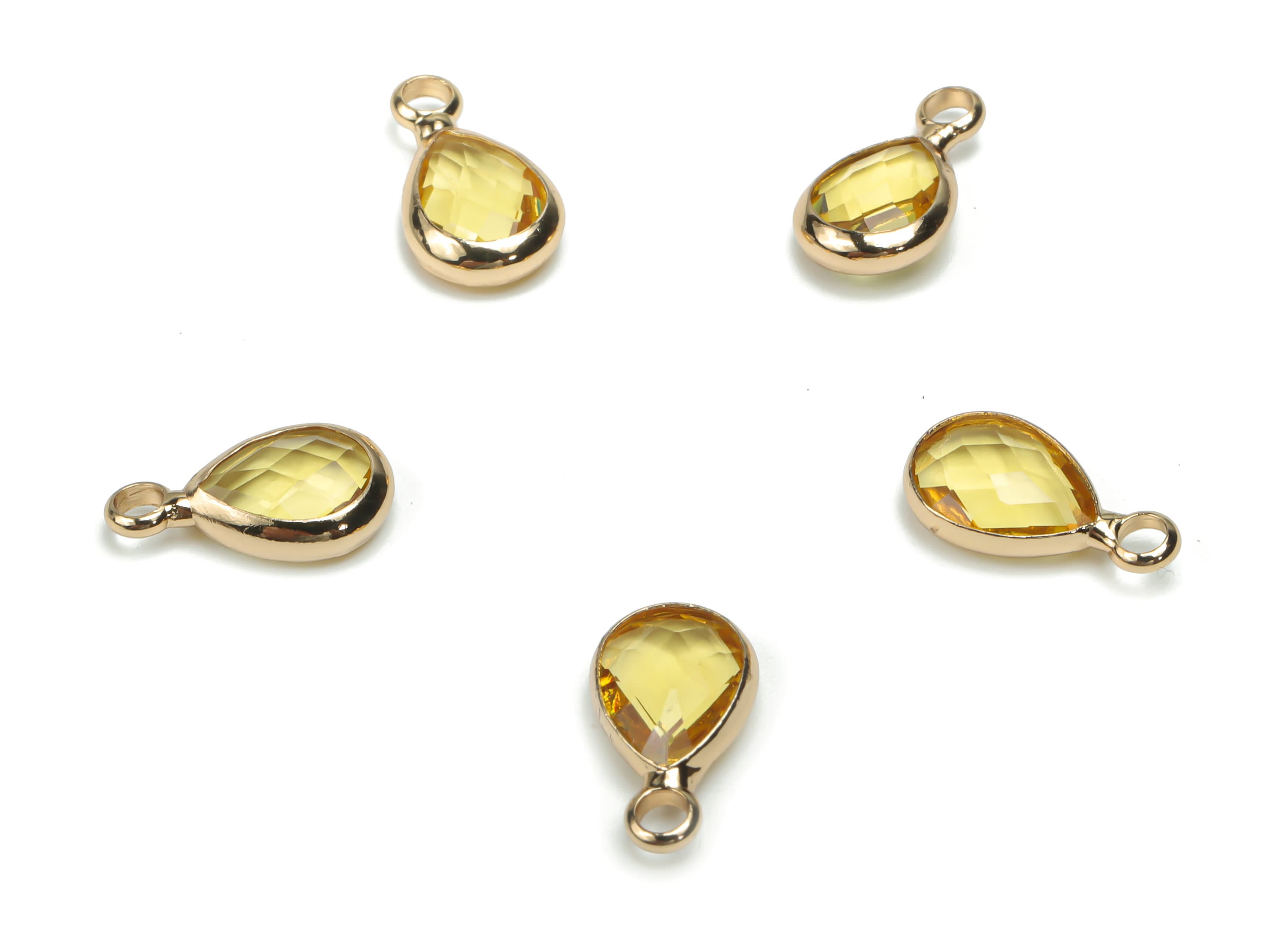 Glass Mini Drop Earring Charms - Brass Teardrop Frame Pendant - Gold Tone Plated Brass - Faceted Glass - 11.42x6.55x3.01mm - GS1068A - DOMEDBAZAAR